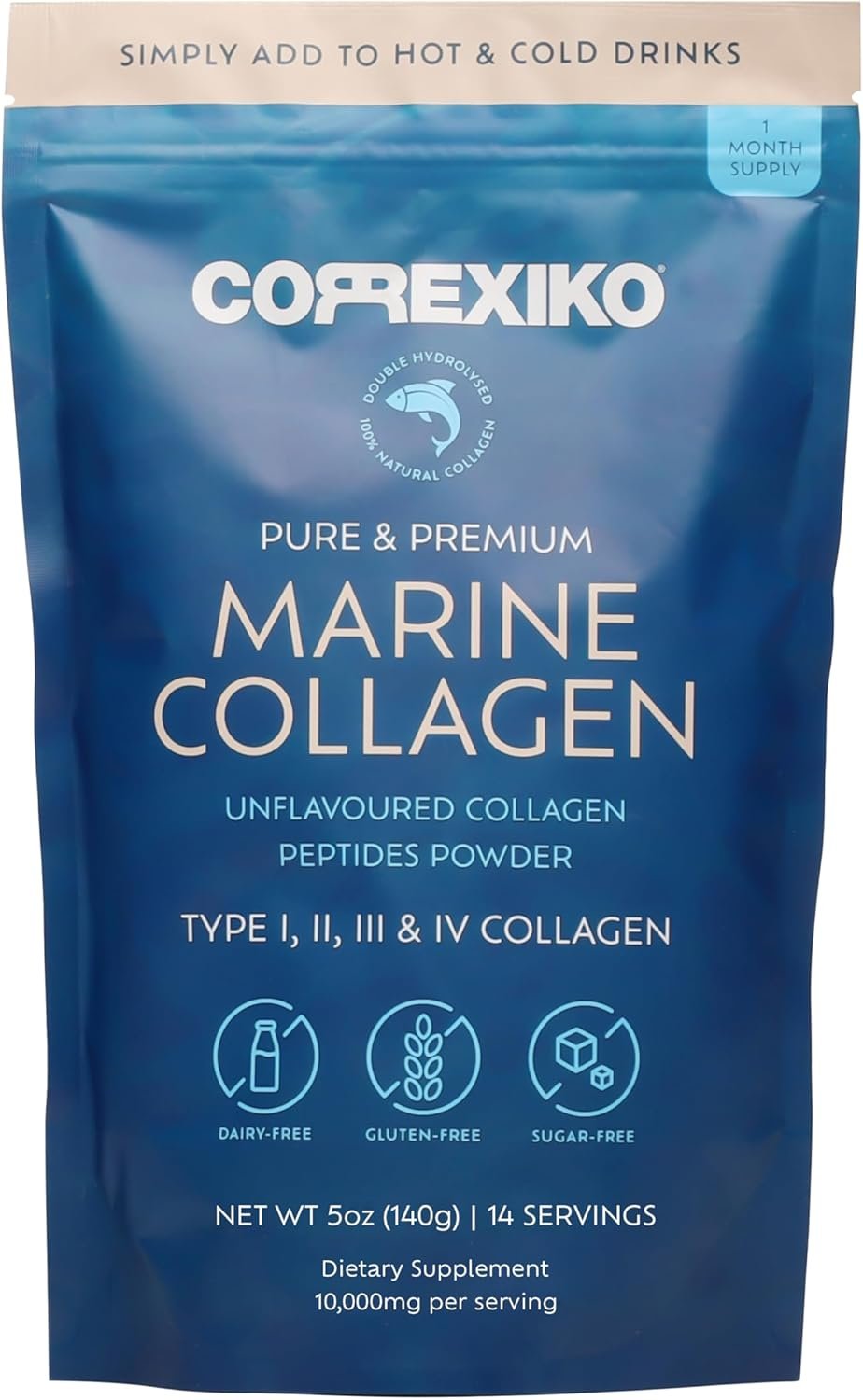 CORREXIKO Marine Collagen Powder Supplement Unflavored – 10,000mg Double Hydrolyzed Collagen Peptides per Serving – Formulated for Maximum Absorption – Hair, Skin & Nails – 5oz, 14 Servings