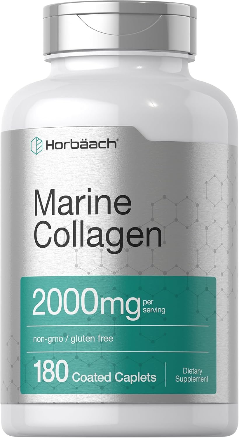 Horbäach Marine Collagen Peptides 2000mg | 180 Caplet Capsules | Type 1 with Calcium | Non-GMO, Gluten Free Supplement