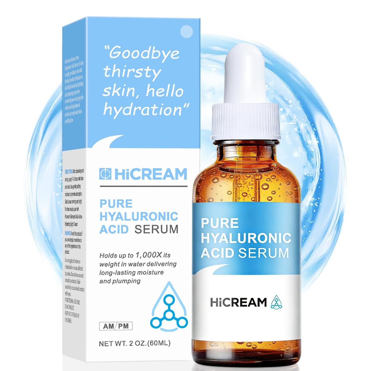 Hicream Hyaluronic Acid Serum for Face, Brightening Serum – Even Skin Tone&100% Pure Anti Aging, Intense Hydrating Moisturizer, Non-Greasy, Paraben-Free, Water-Based Skincare for All Skin Types (2 Oz)