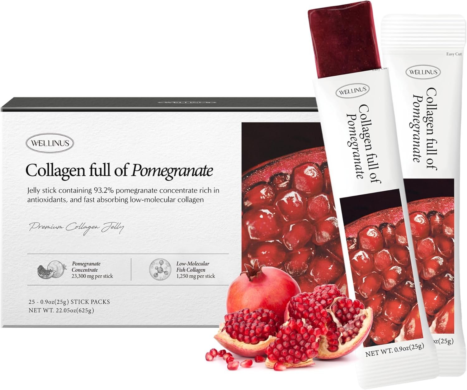 WELLINUS Korean Collagen Jelly Sticks – 25 Pomegranate Flavored Marine Collagen Peptide Snacks for Anti-Aging- Collagen Protein Sugar-Free, Travel Packs for Hair & Nail Strength