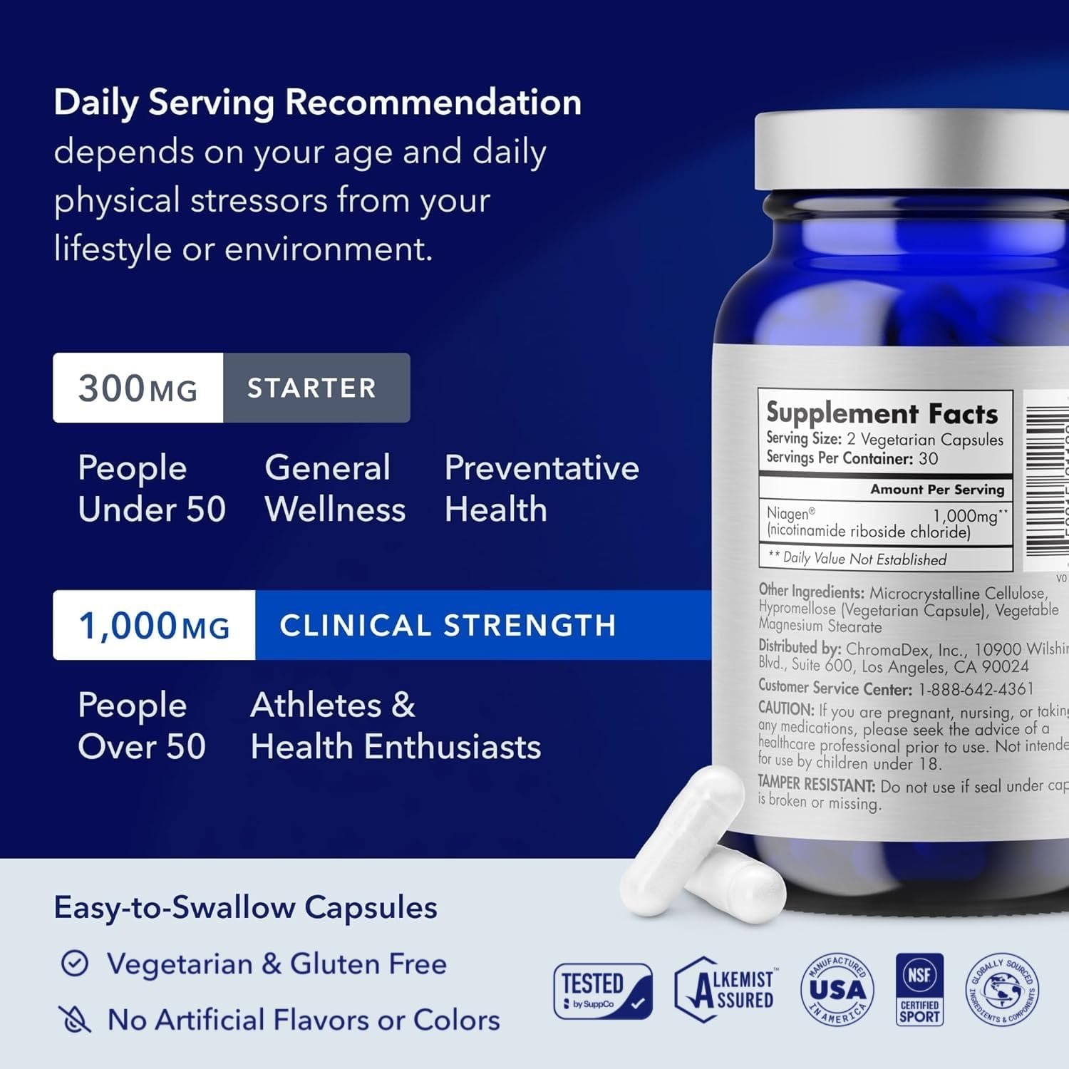 TRU NIAGEN Patented Extra Strength NAD Supplement for Brain Function, Anti Aging, Cell Regeneration | Supports Cellular Energy | Nicotinamide Riboside (NR) | 30-1000mg Servings (2x500mg, Take 2 Daily)