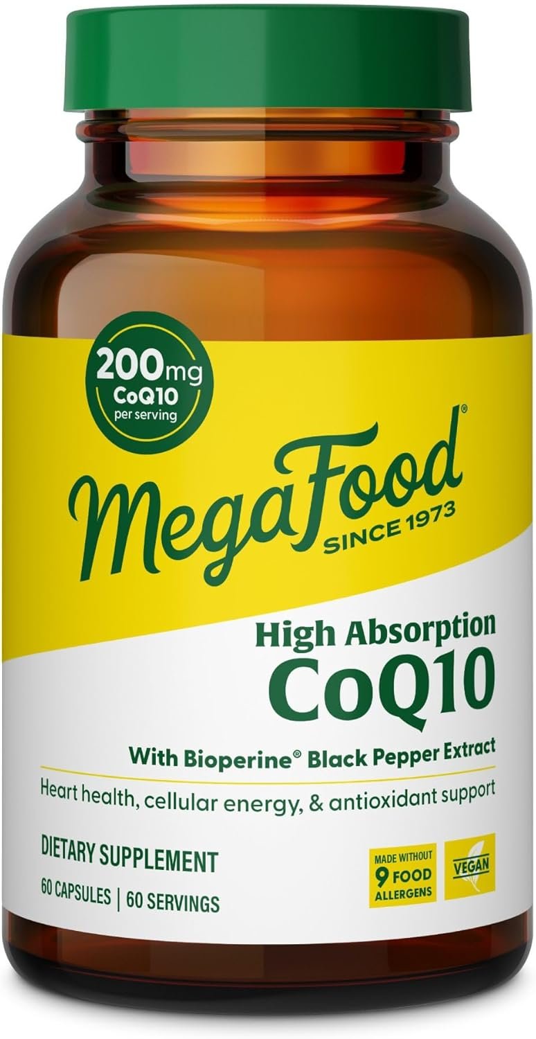 MegaFood High Absorption CoQ10 200mg Per Serving – with BioPerine Black Pepper Extract – Antioxidant Support for Cellular Energy & Healthy Aging – 60 Heart Health Supplements Capsules, 60 Servings