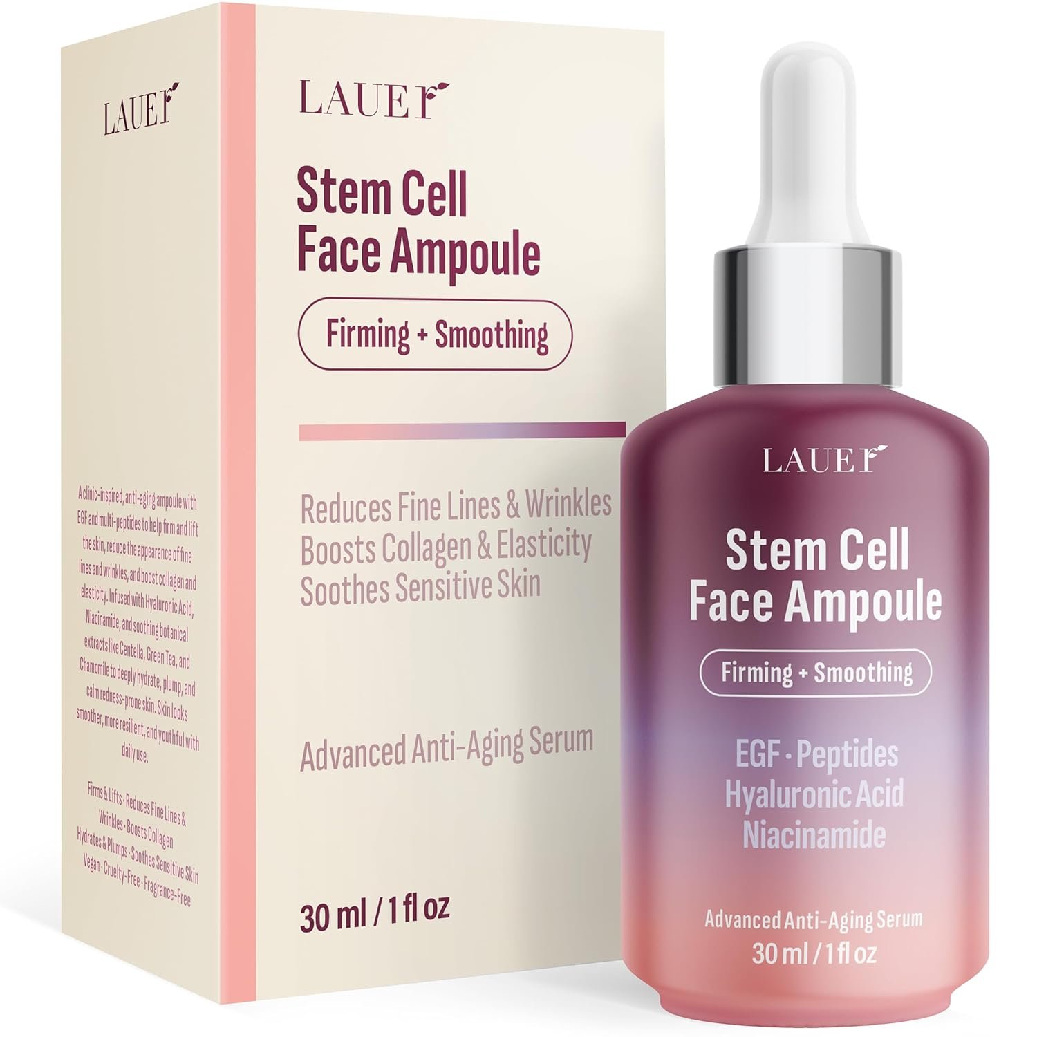 Stem Cell Face Ampoule – Firming & Smoothing Anti-Aging Serum with EGF, Peptides, Hyaluronic Acid & Niacinamide – Wrinkle & Elasticity Boosting Facial Serum for Women, 1 fl oz