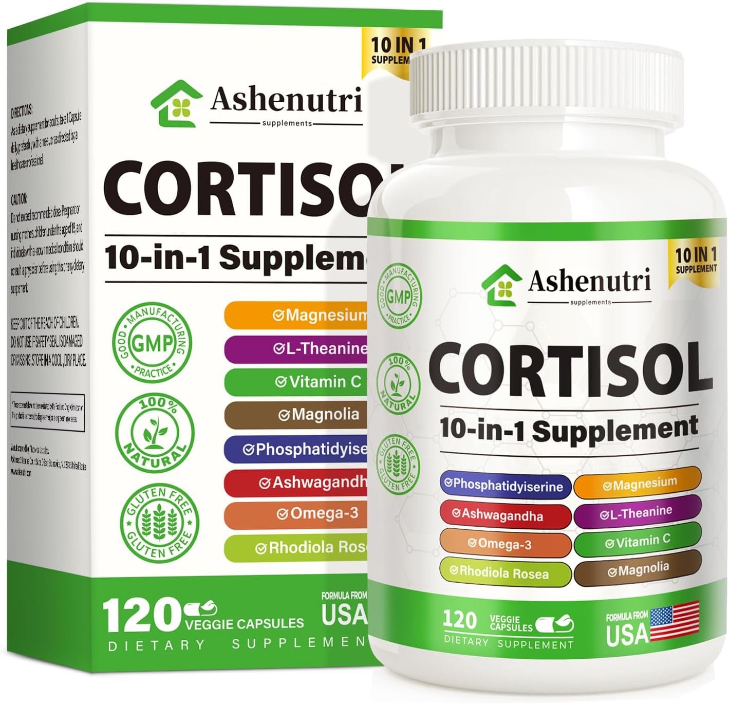 Ashenutri 10-in-1 Cortisol Supplement with Magnesium,Ashwagandha,Rhodiola Rosea,L Theanine,Hormone Balance for Women 120 Vegan Capsules