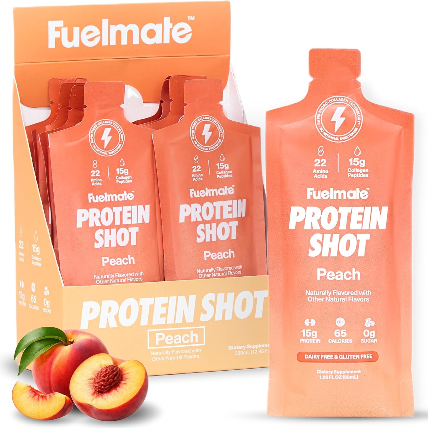 Peach Liquid Collagen Easy Protein Shots – 15g Protein + 22 Amino Acids – Hydrolyzed Bovine Collagen Peptides for Recovery, Skin, Hair & Joints – 10 x 1.29oz – Sugar, Dairy & Gluten Free