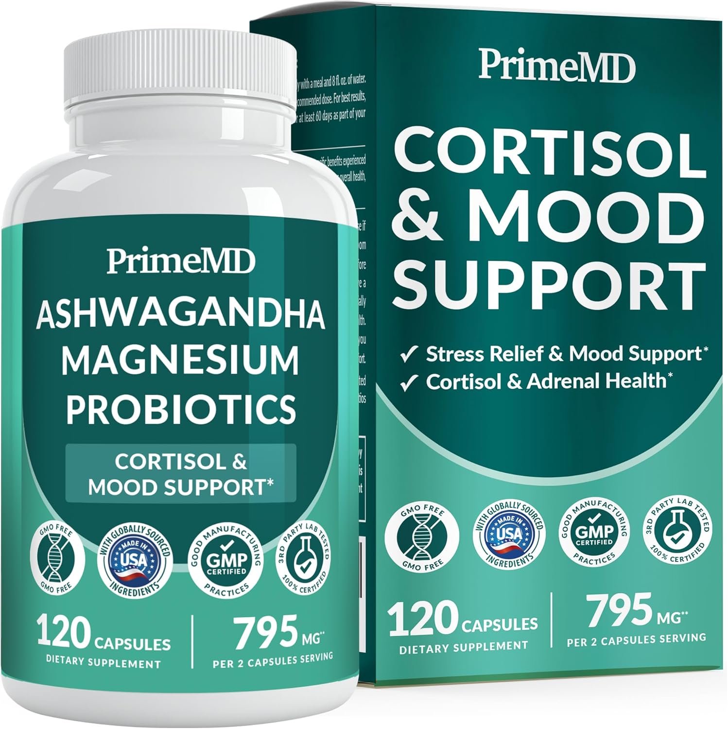 5-in-1 Cortisol Supplement for Women and Men with Ashwagandha for Calmness, Focus, and Adrenal Support Supplements with Shilajit Extract, Magnesium Glycinate, Probiotics (120 ct) (Pack of 1)