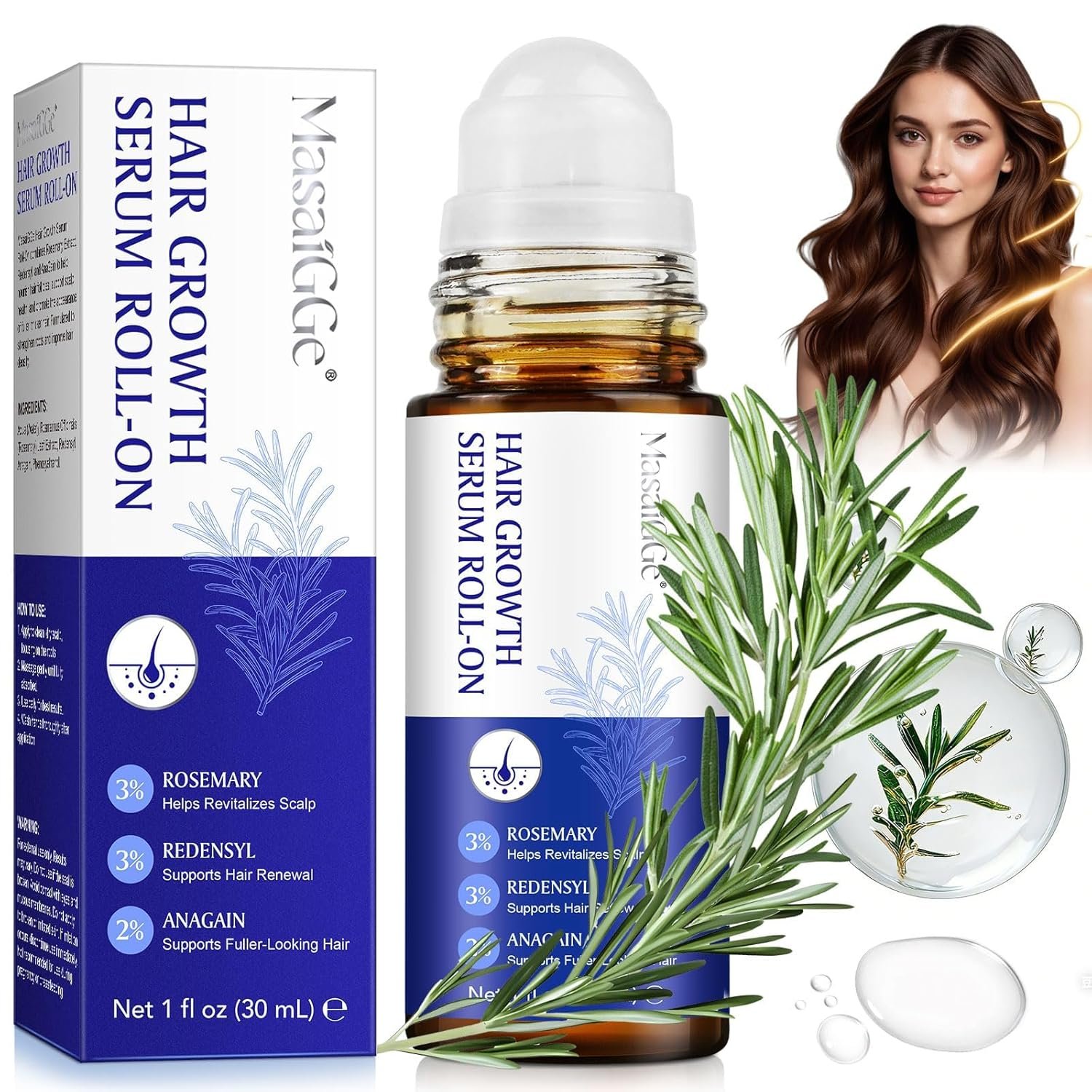 Hair Growth Serum Roll On, Hair Growth Oil with 3% Rosemary, 3% Redensyl, 2% Anagain, Hair Growth Serum Rosemary Oil for Hair Growth to Help Nourish Hair Follicles, Support Scalp Health 30ml