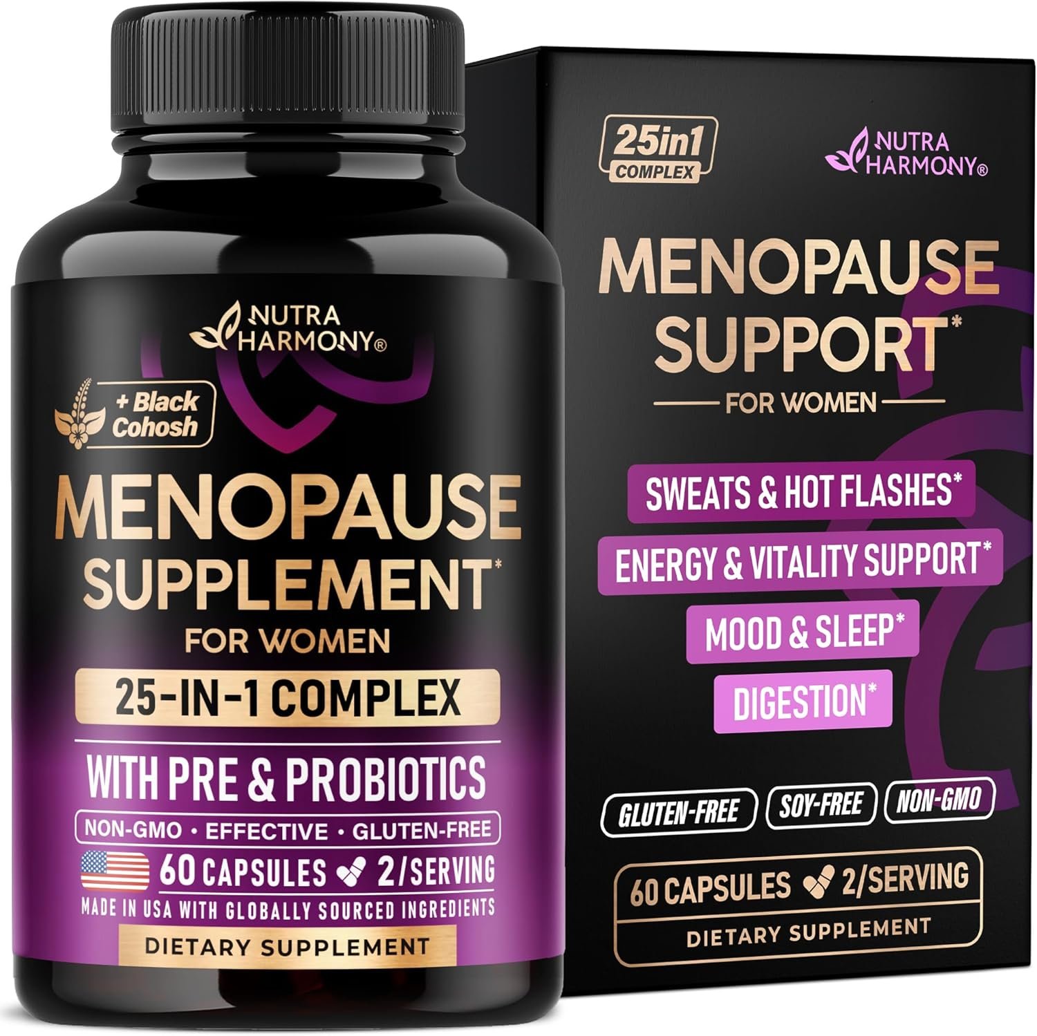 Menopause Supplements for Women – Dong Quai, Black Cohosh, Pre & Probiotics – Sweats & Hot Flashes Relief – Digestion, Sleep & Mood Support – 25-in-1 Perimenopause Complex – Made in USA – 60 Capsules