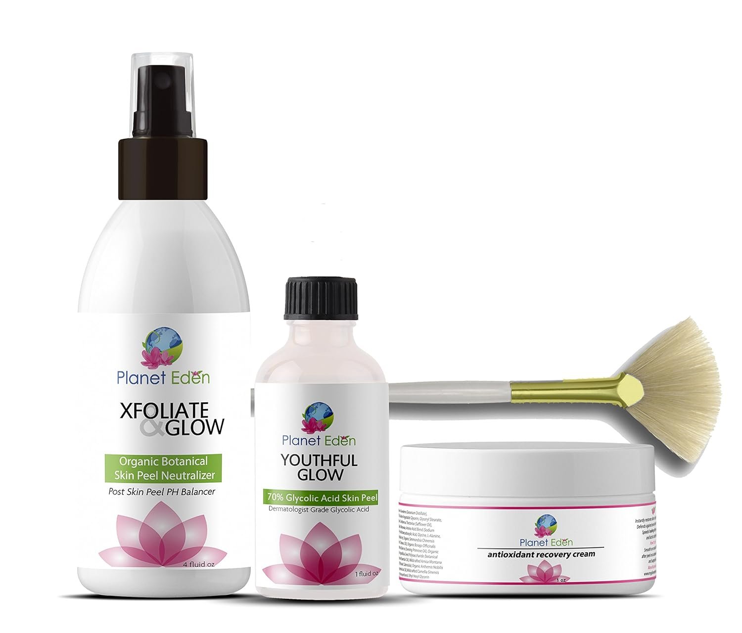 Planet Eden 70% Glycolic Acid Chemical Skin Peel Kit + Organic Botanical Peel Neutralizer and 1 oz Antioxidant Recovery Cream + Treatment Fan Brush