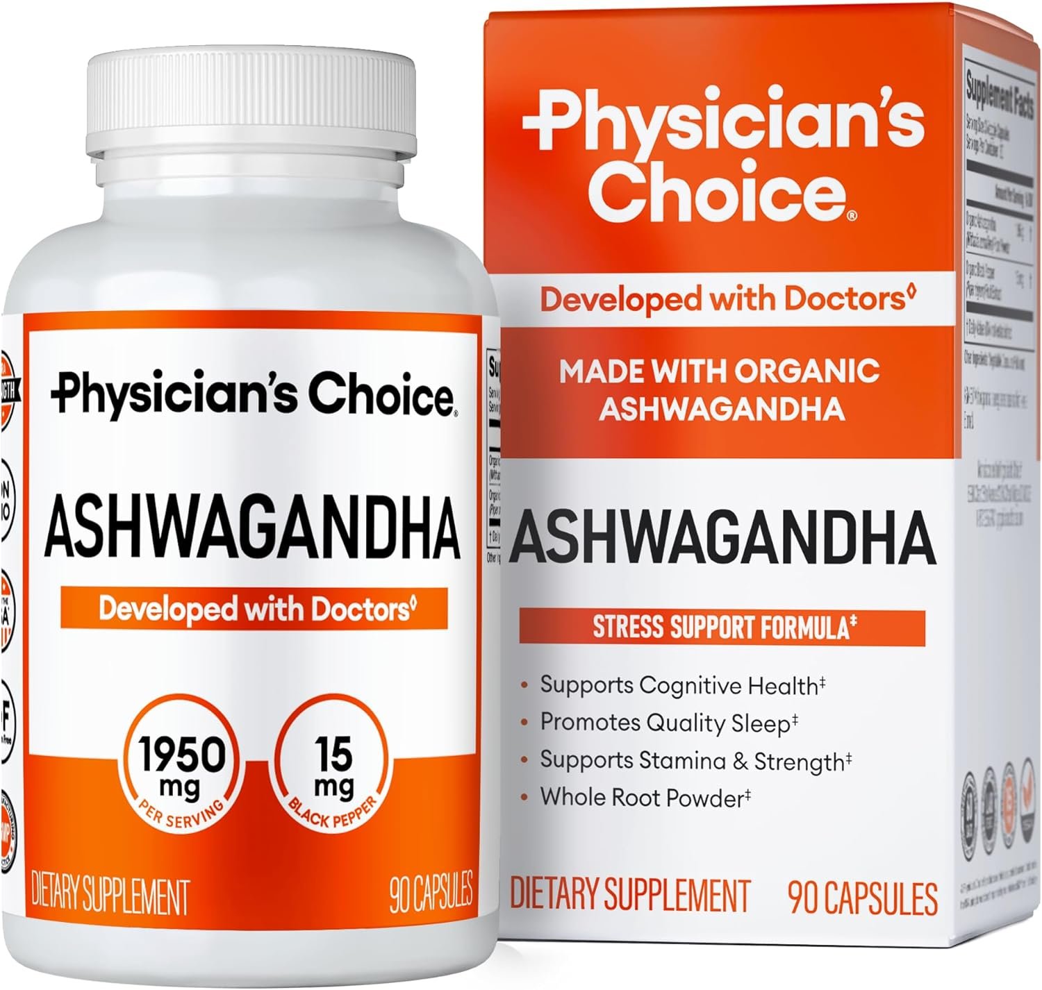 Physician’s CHOICE Ashwagandha Supplement – 1950mg of Bioavailable Organic Ashwagandha Root Powder – Black Pepper Extract, Stress Support, Mood Support Supplement, 90 Veggie Capsules