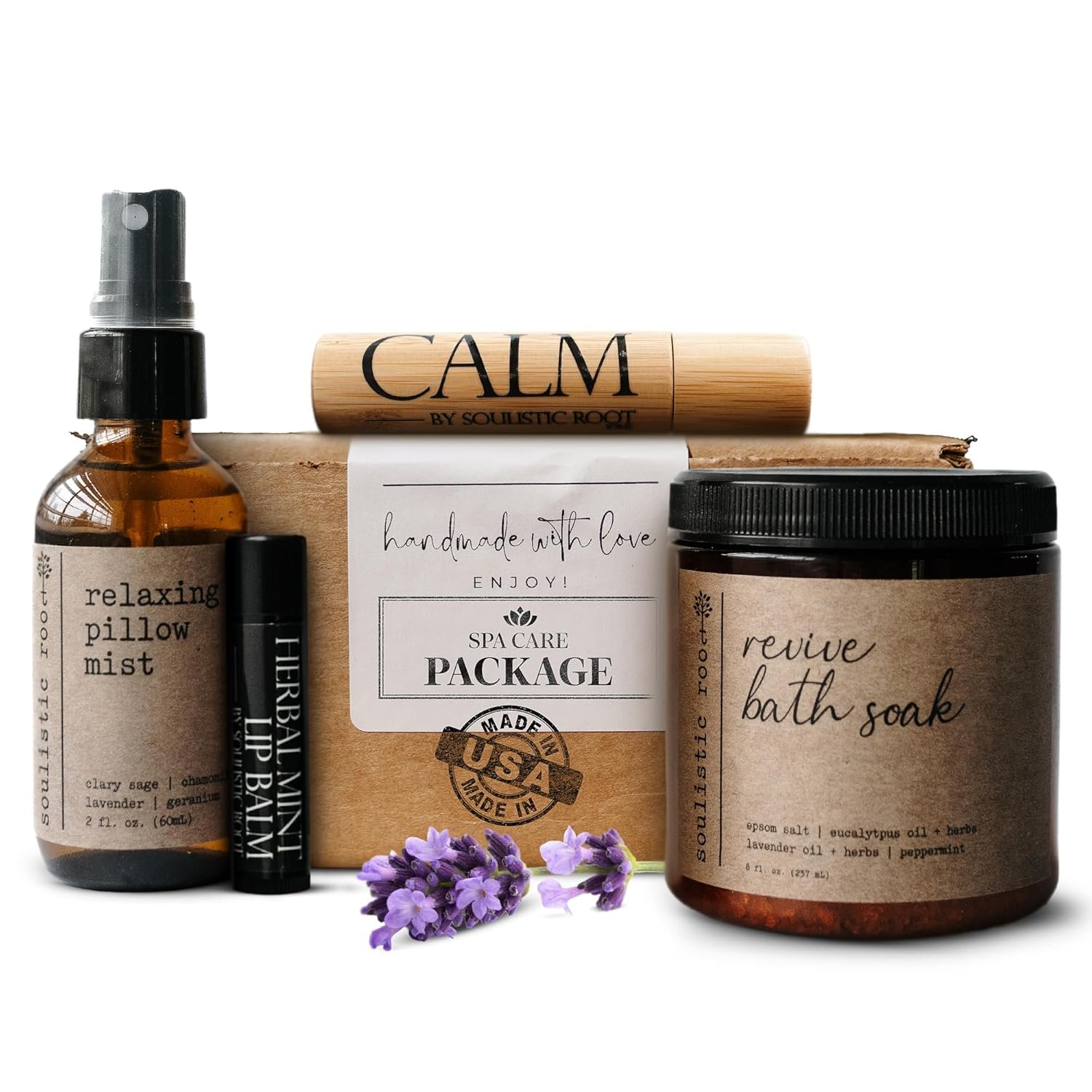 SOULISTIC ROOT Self-Care Set – Luxury Spa Bath Kit, Pillow Mist, Cooling Lip Balm, Tranquil Essential Oil Roller & Epsom Salt Bath Soak Pampering Package, Holistic Gifts for Him & Her