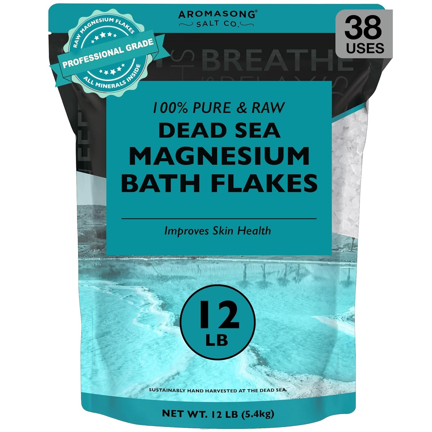 Aromasong Magnesium Flakes for Bath from The Dead Sea- 12 LB Resealable Pack Magnesium Chloride Flakes -Organic Bath Salt Muscle Relaxing Mineral Soak