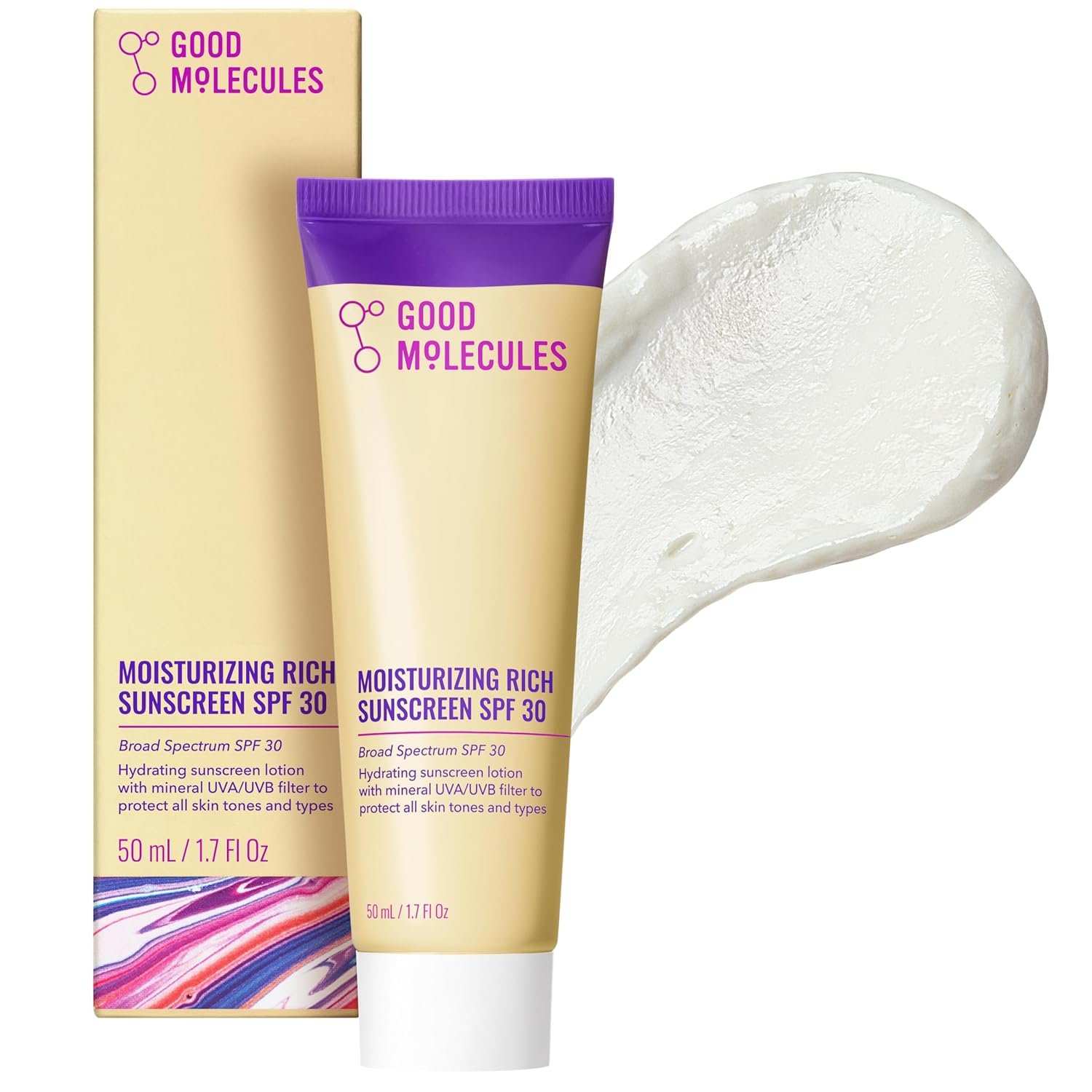 Good Molecules Moisturizing Rich Sunscreen SPF 30 – Mineral Zinc Oxide Face Sunscreen – Hydrating, Fragrance-Free, No White Cast | Broad Spectrum UVA/UVB Protection – 50 ml / 1.7 fl oz