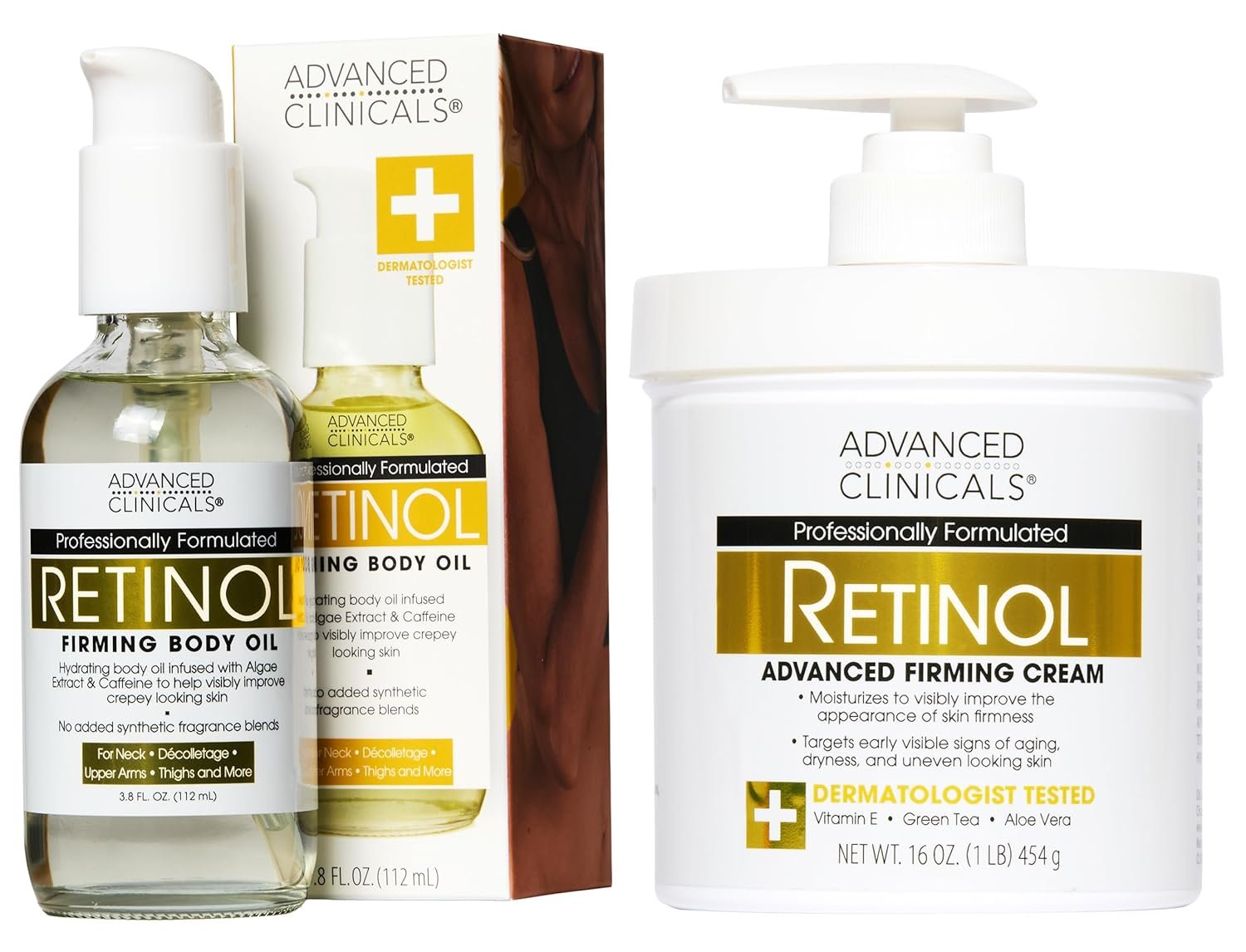 Advanced Clinicals Retinol Body Oil + Firming Retinol Body Lotion 2pc Set | Fragrance Free Retinol Massage Oil + Moisturizer Cream| Crepey Skin Care Treatment, 2pc Bundle