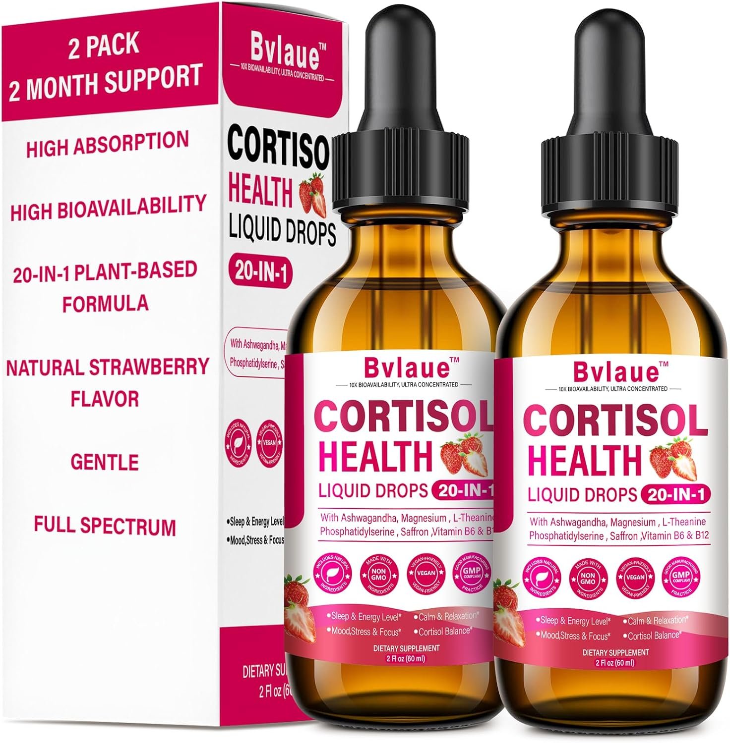 Cortisol Supplements Detox for Women – 20-in-1 Cortisol Reducer,Manager,Lower w/Ashwagandha,Magnesium,L-Theanine,Saffron,Rhodiola for Hormone Balance/Sleep/Stress Relief,Strawberry Flavor