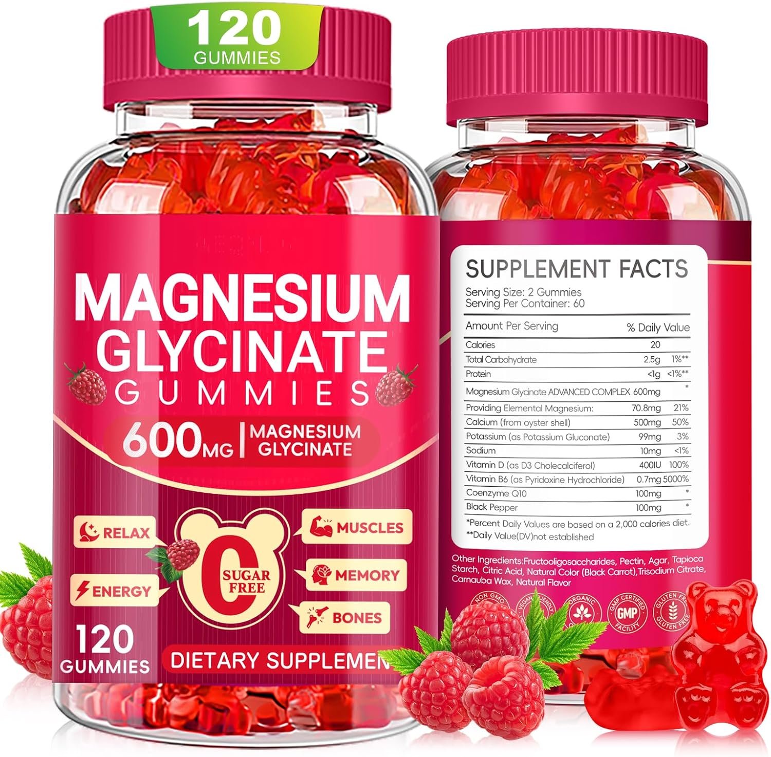 Magnesium Glycinate Gummies 600mg, Sugar Free Magnesium Gummies for Adults, Chewable Potassium Supplements for Body Support, Zzz and Relaxation, 120 Count