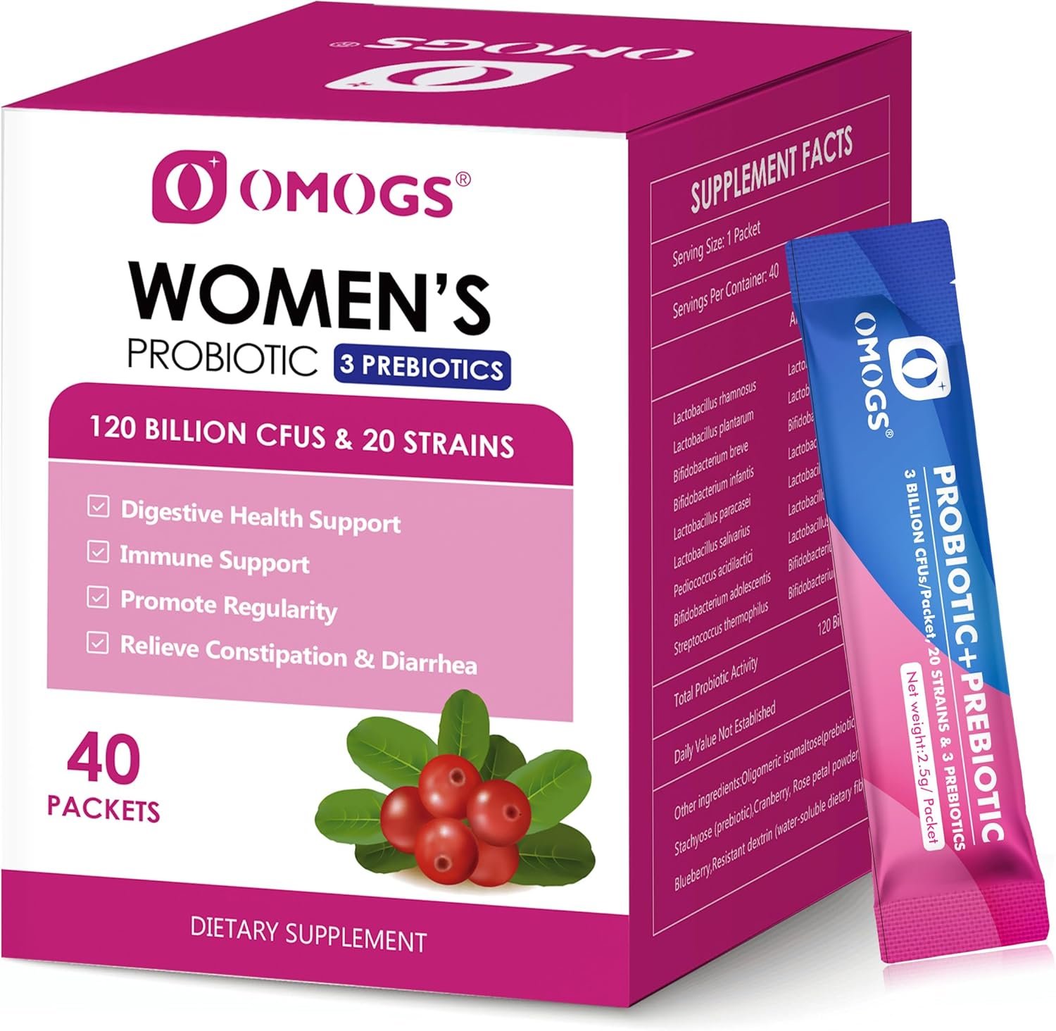 OMOGS Women’s Probiotic,120-Billion-CFUs, 18 Strains, with 3 Prebiotics and Cranberry Extract, Help for Immune Booster, Digestive Health, Gut Health and Vaginal Health