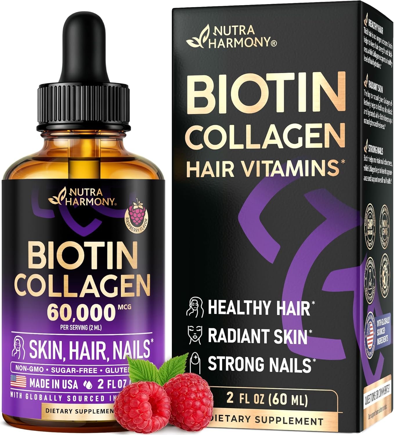 Liquid Biotin & Collagen 60,000 mcg – Vitamins for Hair Growth Support – Extra Strength Drops for Women & Men – Liquid Collagen Supplement – Strong Nails & Healthy Skin – Made in USA – 2 Fl Oz