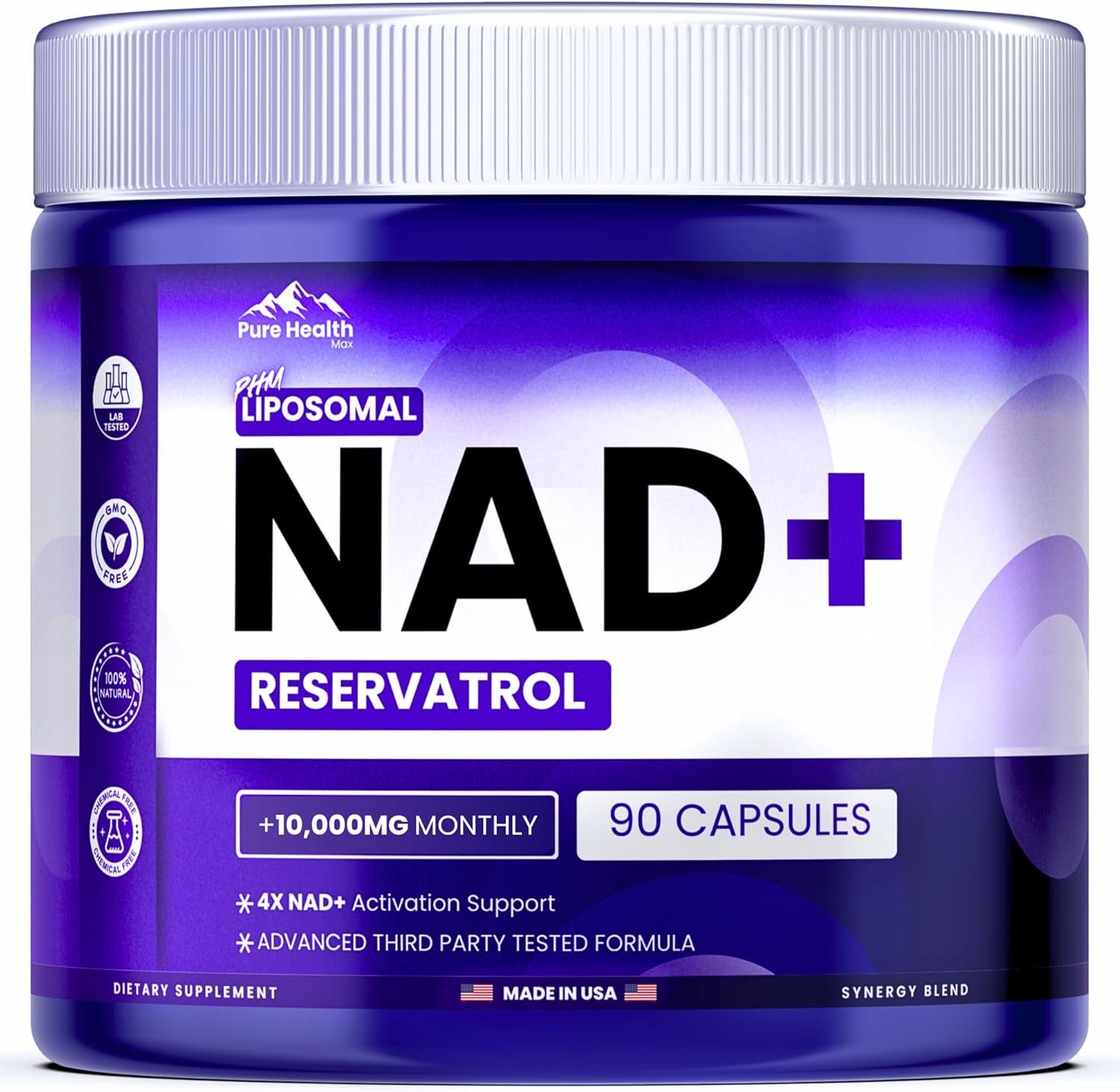 PURE HEALTH MAX PHM NAD Resveratrol Supplement – 10,000mg Extra Strength | NAD+ Liposomal Supplements for Men and Women | NMN & NMNH Alternative | 90 Capsules, 1.5 Months Supply