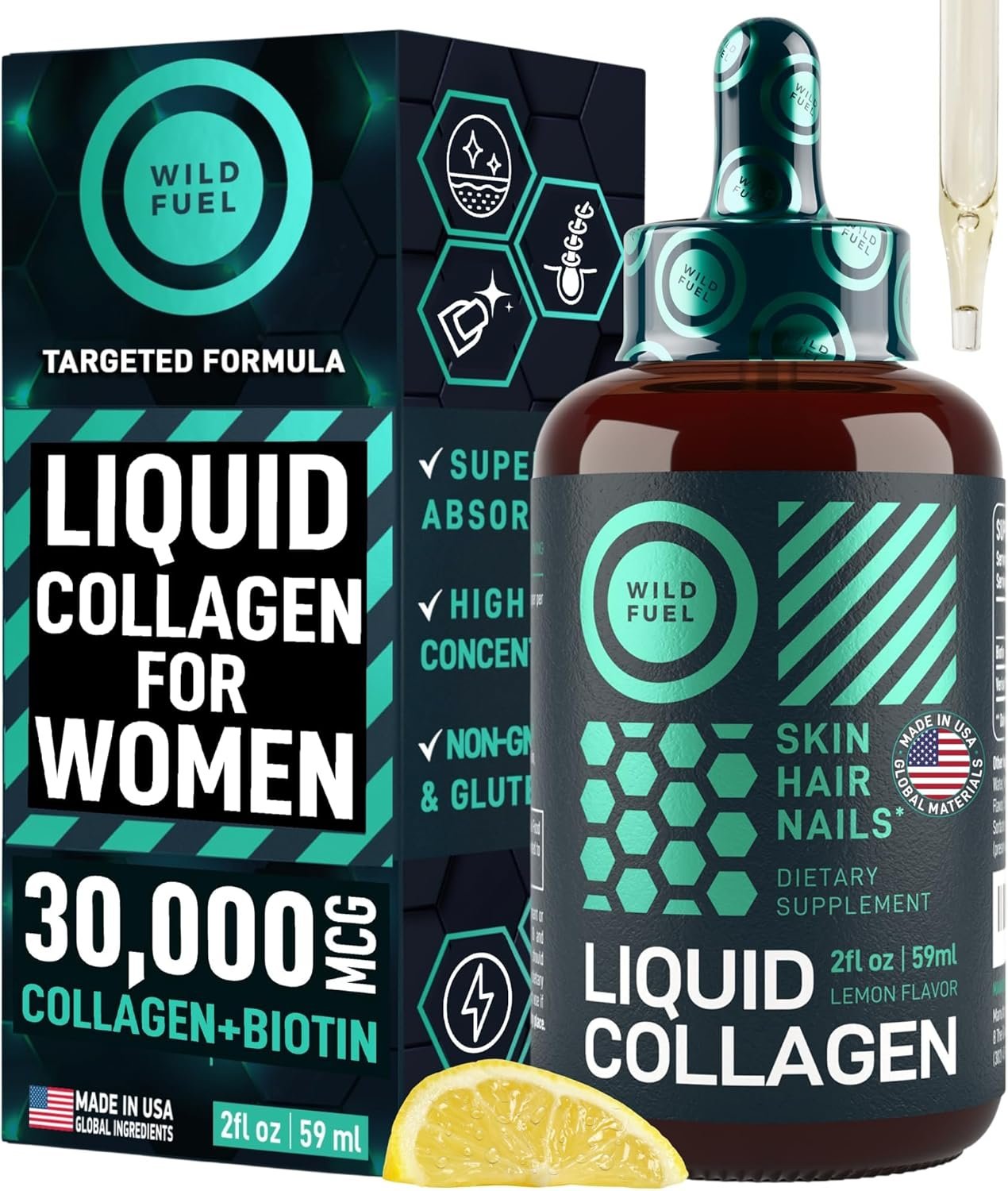 Liquid Collagen for Women and Men – 30,000mcg Hydrolyzed Collagen Peptides Liquid with Biotin Vitamins for Hair, Skin, Nails & Anti-Aging – Lemon Liquid Drops, 2oz, up to 2-Month Supply, Made in USA