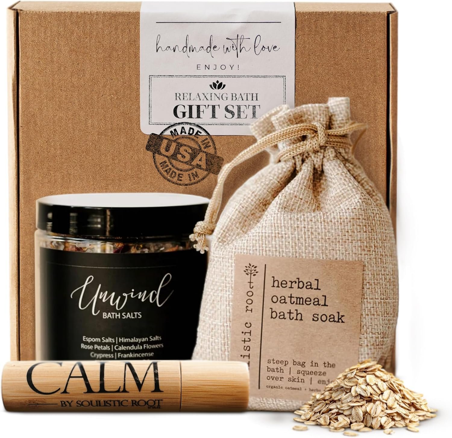 SOULISTIC ROOT Revitalizing Bath Gift – Premium Self-Care Bath & Body Set with Lavender Oatmeal Soak, Tranquil Essential Oil Roller, Epsom Salt Soak, Home Spa Kit, Ready-to-Gift Box