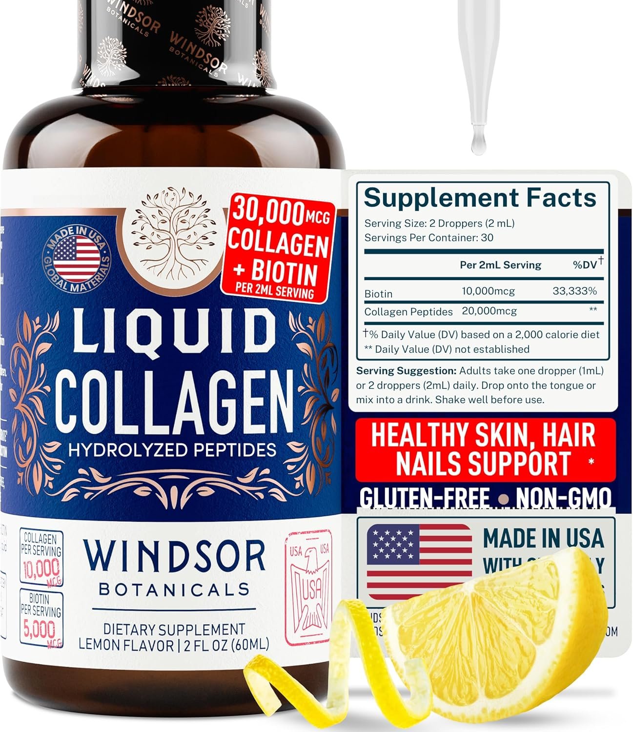 Liquid Collagen for Women and Men with Biotin – 30,000mcg Hydrolyzed Collagen Liquid Peptides Supplement plus Biotin for Hair, Skin, Nail Support – Sublingual Drops or in Drinks – Natural Lemon, 2 oz