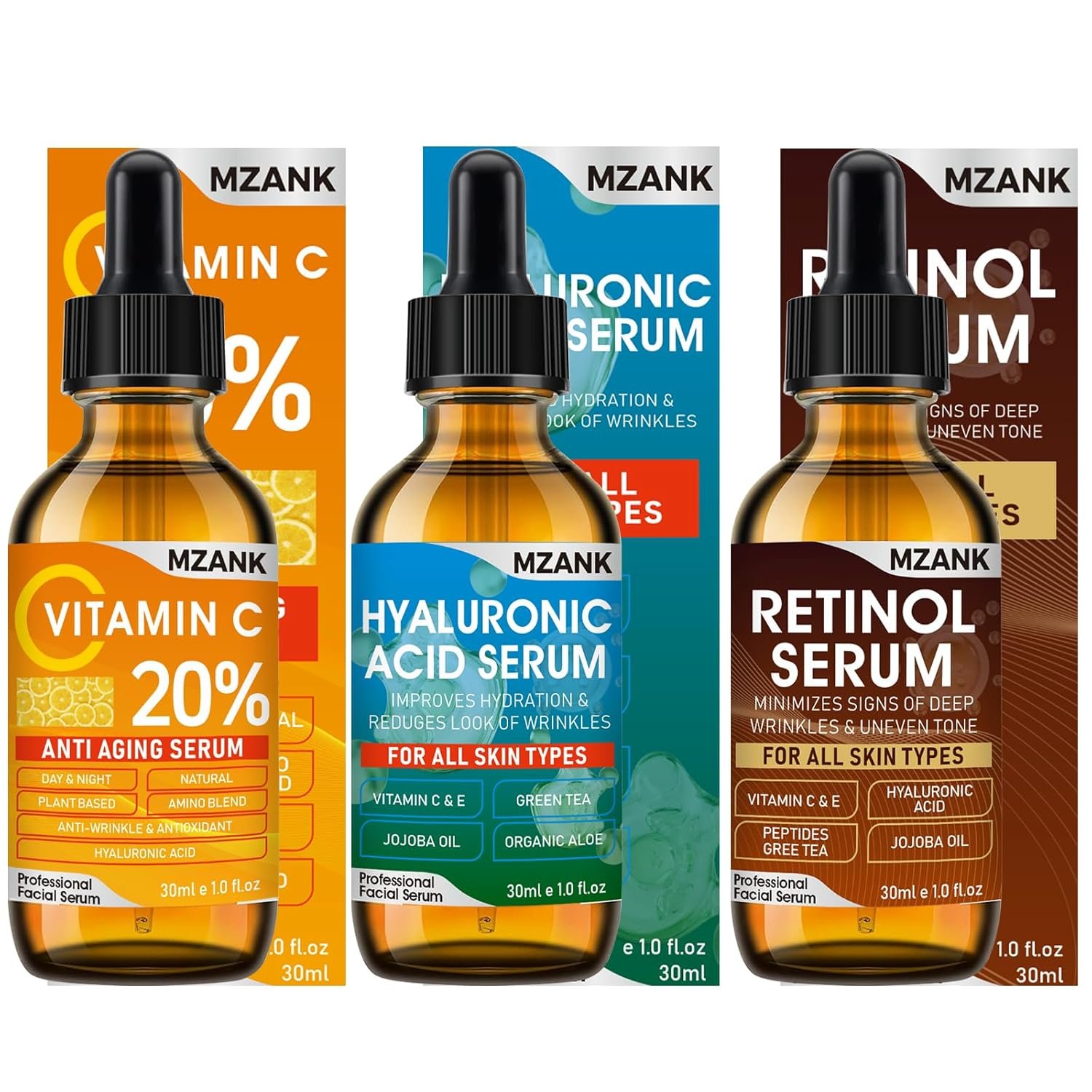 3 Pack Facial Skin Care Set-Includes Vitamin C, Hyaluronic Acid & Retinol Serums for Face-Brightening,Hydrating, Anti-Aging,3 Count of 1 Fl Oz