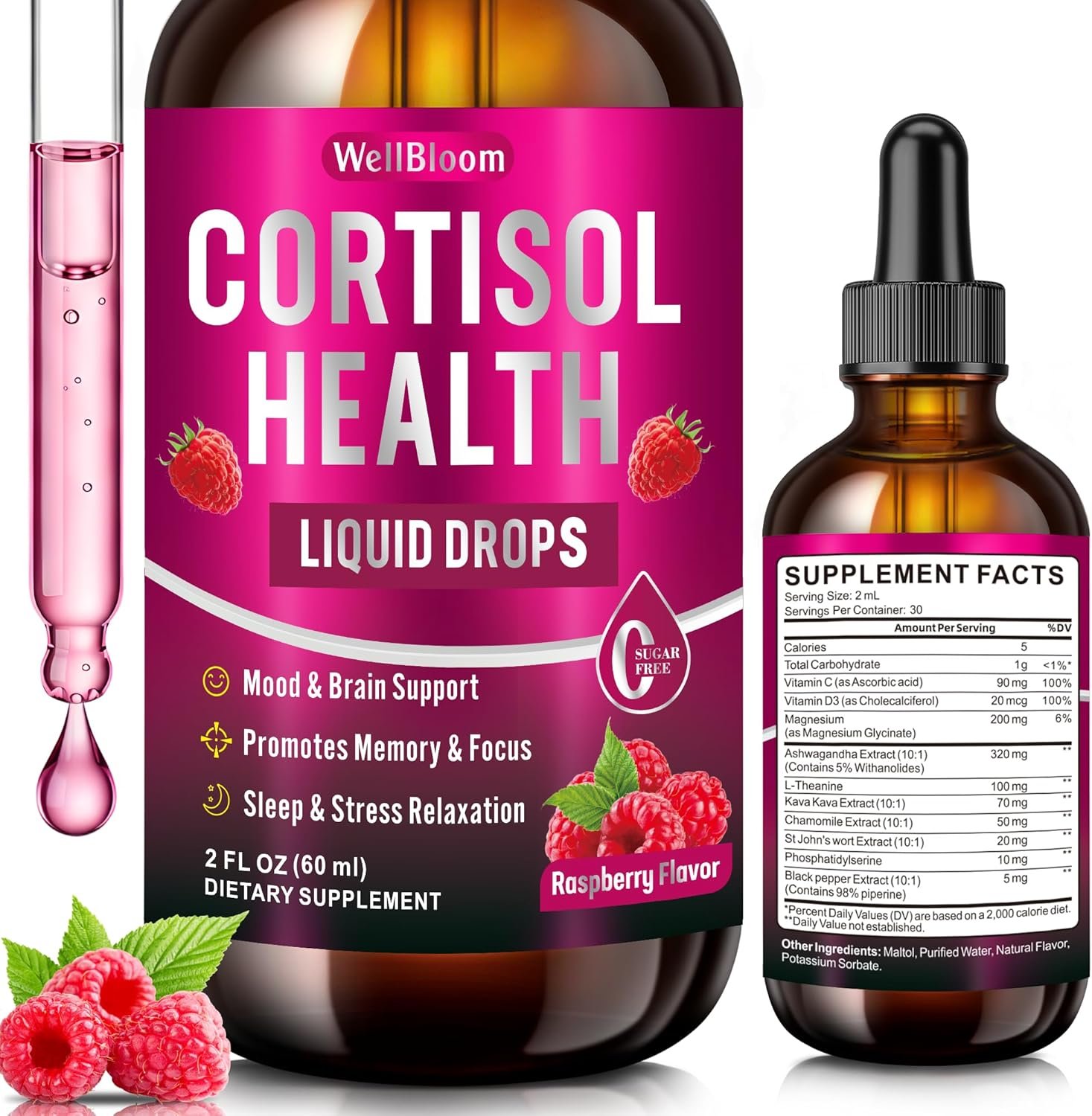 Cortisol Reducer for Women & Men with Magnesium Glycinate, Ashwagandha, L-Theanine – Supports Stress Relief, Sleep & Heart Health, Nerves, Muscles – 2 Fl Oz