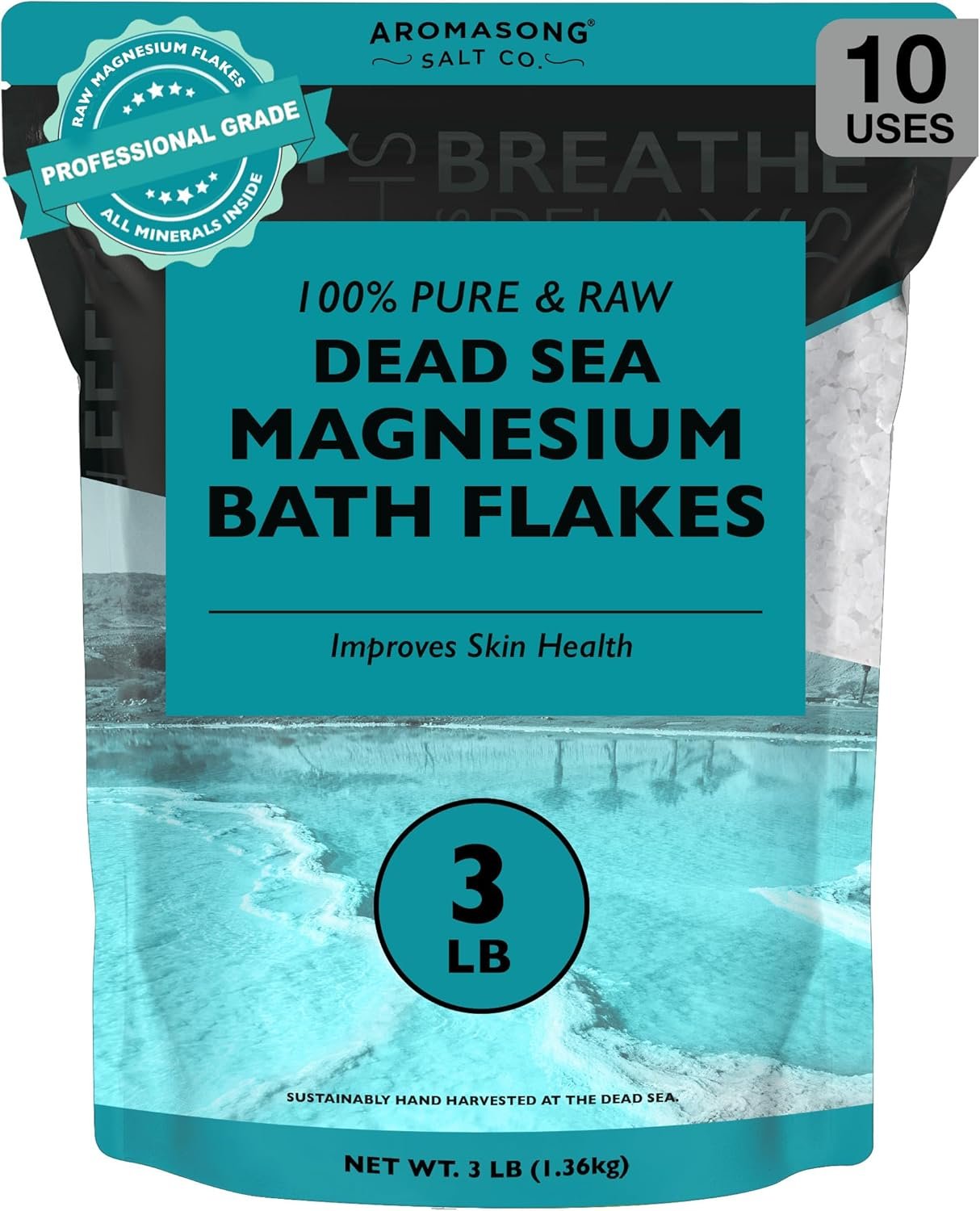 Aromasong Magnesium Flakes for Bath from The Dead Sea- 3 LB Resealable Pack Magnesium Chloride Flakes -Organic Bath Salt Muscle Relaxing Mineral Soak