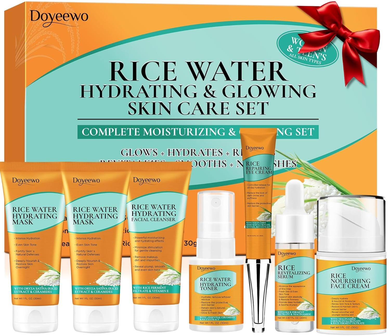 Skin Care Set,7Pcs Women Teen Glass Skincare w/Korean Rice Extract,Hydrate Glow Repair Anti-Aging Facial Routine Kit Self Care Gifts for Women Mom Wife Teenage Girl Teens 10-12 Travel-Size Kit