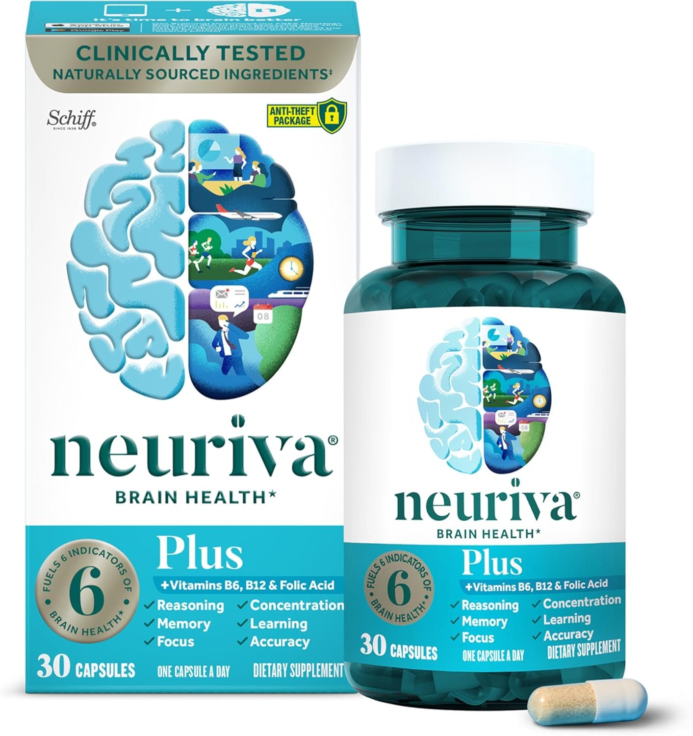 NEURIVA Plus Brain Supplement for Memory, Focus & Concentration + Cognitive Function with Clinically Tested Nootropics Phosphatidylserine and Neurofactor, Vitamins B6 & B12, 30 Count Capsules