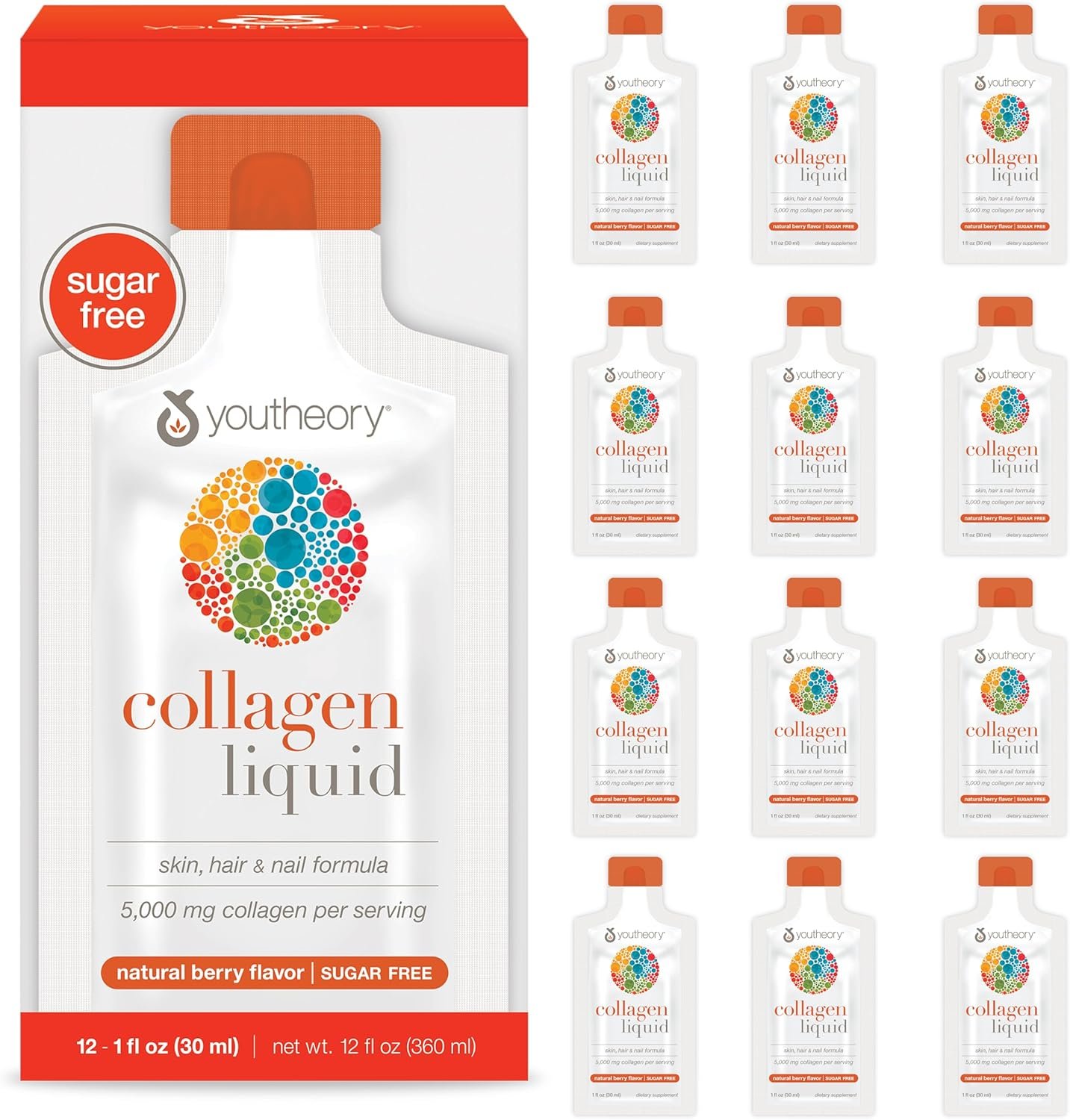 Youtheory Collagen Liquid – 5,000 mg Hydrolyzed Collagen Peptides – Supports Hair, Nail, Joint & Bone Health* – Berry Flavor – 1 oz Single Serve Packet, Pack of 12