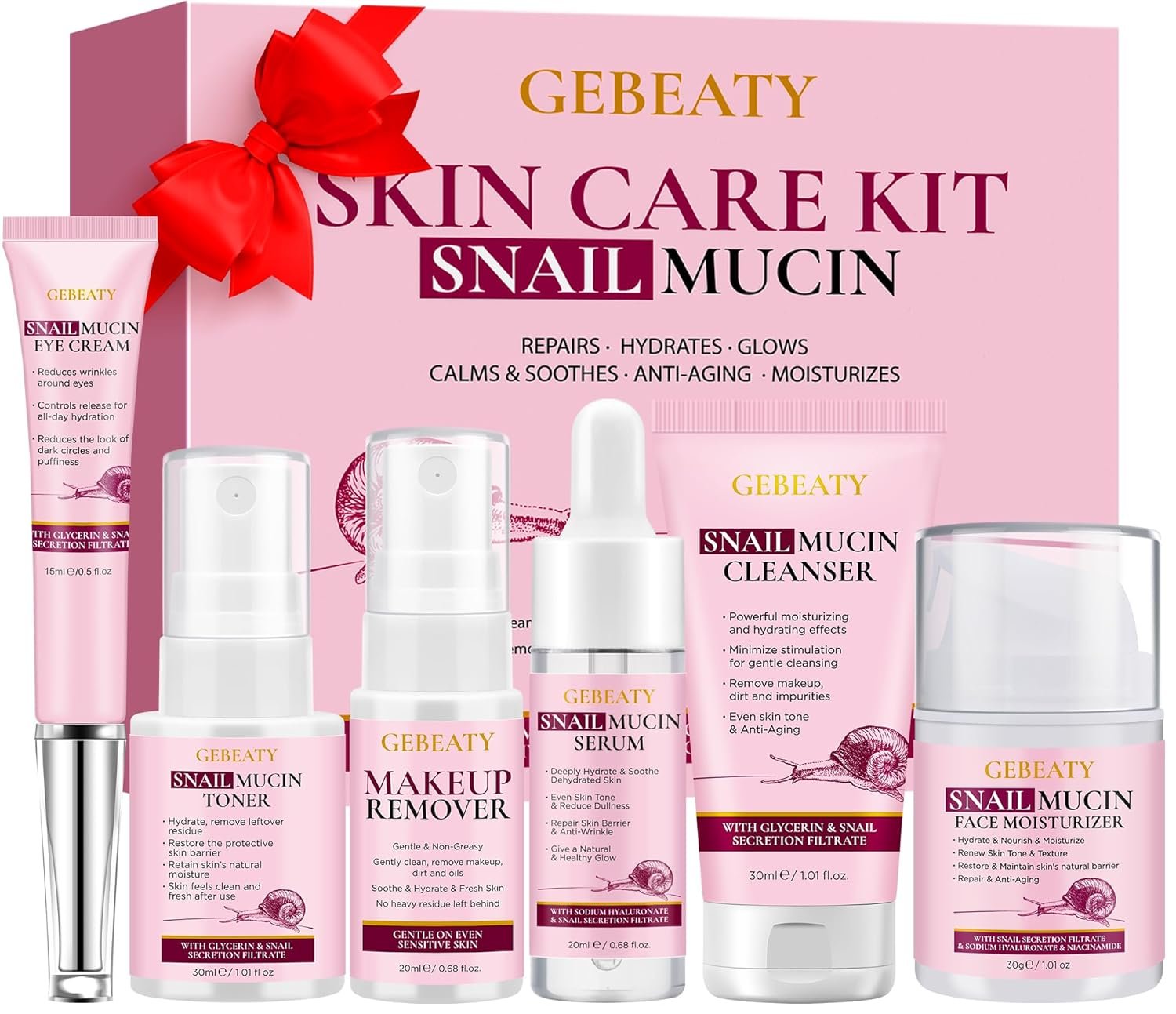 Skin Care Set,6 Pcs Korean Snail Mucin Essence Anti-aging Moisturize Repair Soothe Hydrate,Glass Skincare Gift Kit for Dull & Dry Skin,Self Care Skincare Gifts for Women Mother Mom Wife Teenage Girls