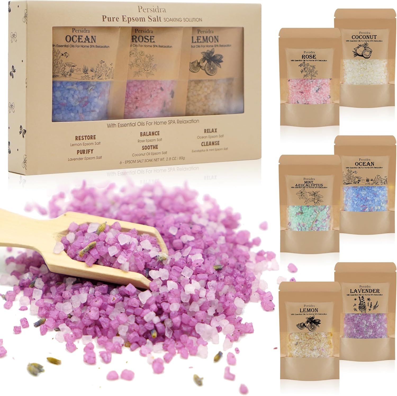 Bath Salts, Gift Set, Bath Salts for Women Relaxing, Mother’s Day Birthday Gifts for Self Care, Individual Packets with Pure Natural Sea Salt, Minerals and Dried Flower, Spa Bath & Foot Soak, 6 Scents