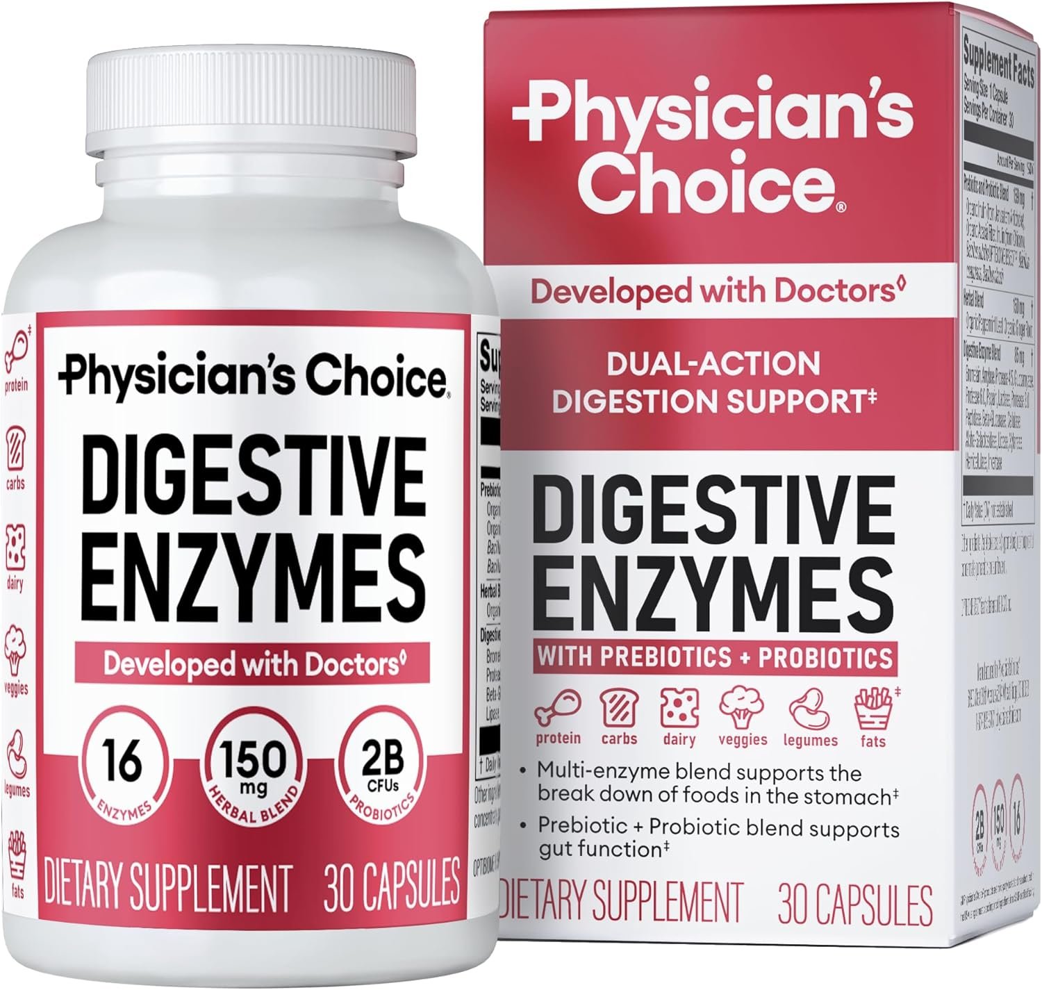 Physician’s CHOICE Digestive Enzymes for Bloating & Digestion – Fast-Acting 16 Enzyme Formula with Organic Prebiotics & Probiotics for Gut & Digestive Health – Meal Time Discomfort Relief – 30 CT