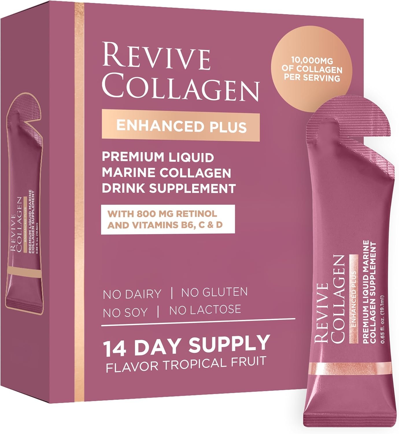 Revive Collagen Enhanced Plus Premium Liquid Marine Collagen Drink Supplement – 22 Fluid Ounces, Tropical Flavor, 10,000mg of Collagen per Shot, 14 Servings, Liquid Collagen for Women and Men