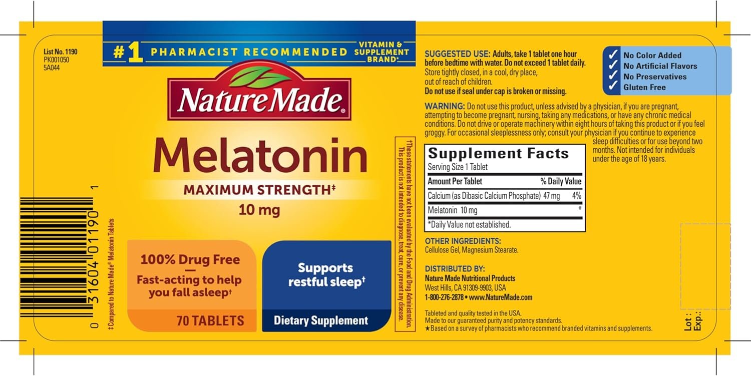 Nature Made Melatonin 10mg Maximum Strength Tablets, 100% Drug Free Sleep Aid for Adults, Melatonin for Adults, 70 Count, 70 Day Supply