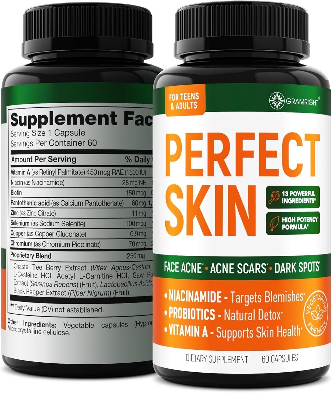 Perfect Skin Acne Pills – Clear Skin Supplement with Niacinamide, Probiotic, Zinc & Vitamin A – Anti Acne Vitamins for Teens, Men & Women – Support for Face & Back Acne, Acne Scars – 60 Capsules