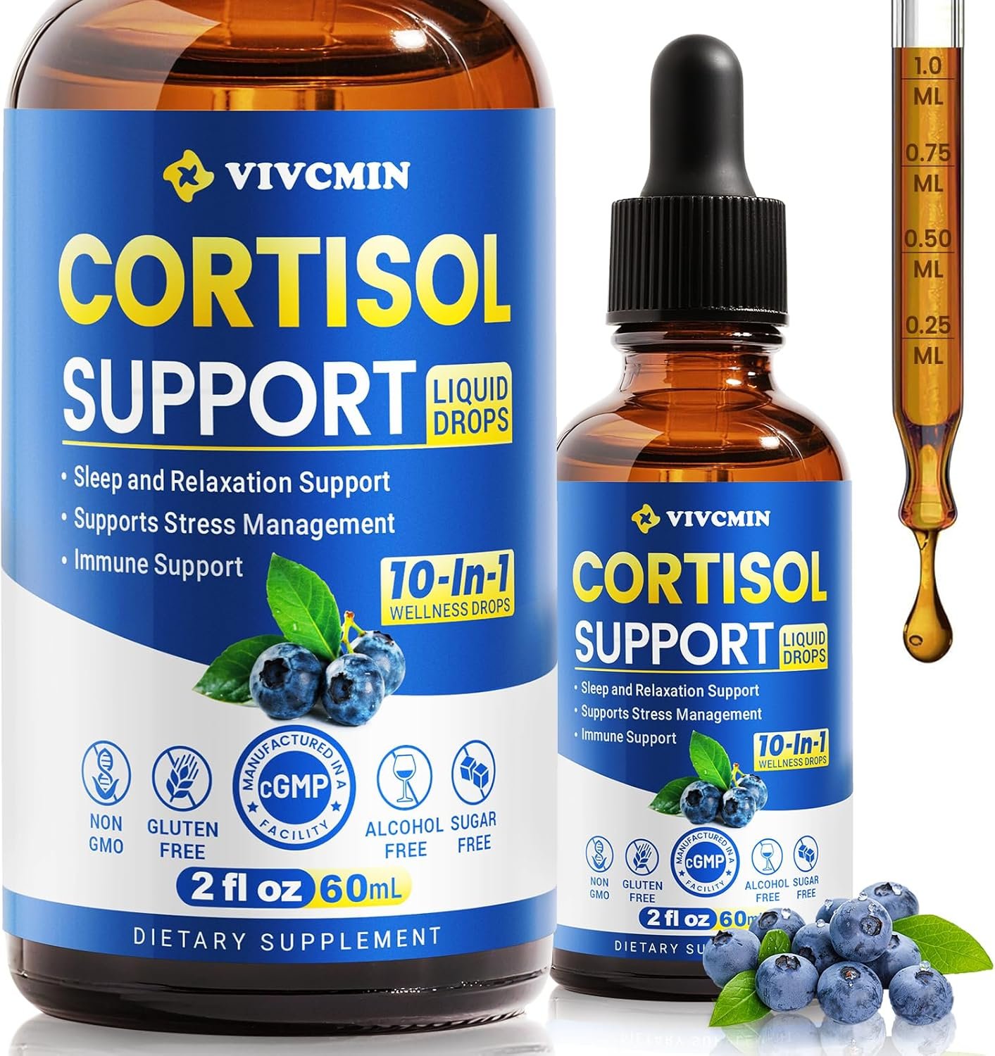 vivcmin 10 in 1 Cortisol Supplements for Women & Men, Cortisol Reducer with Ashwagandha, Magnesium, L-Theanine, Hormone Balance Drops – Sleep & Mood Support, 2 Fl Oz, Blueberry Flavor