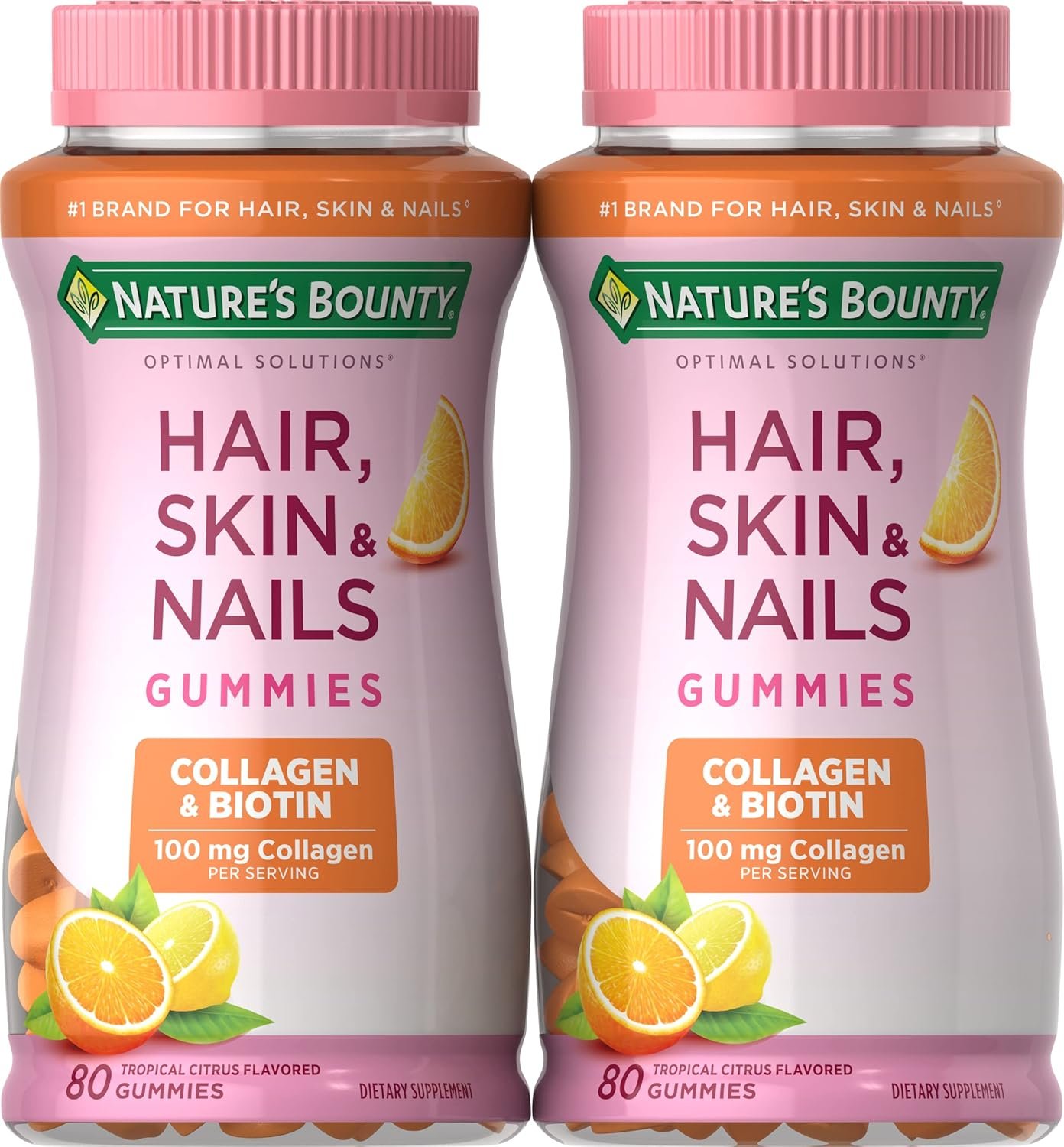 Nature’s Bounty Hair, Skin & Nails with Biotin and Collagen, Citrus-Flavored Gummies Vitamin Supplement, Supports Hair, Skin, and Nail Health for Women, 2500 mcg, 80 Ct (2 Pack), 80 Total Servings