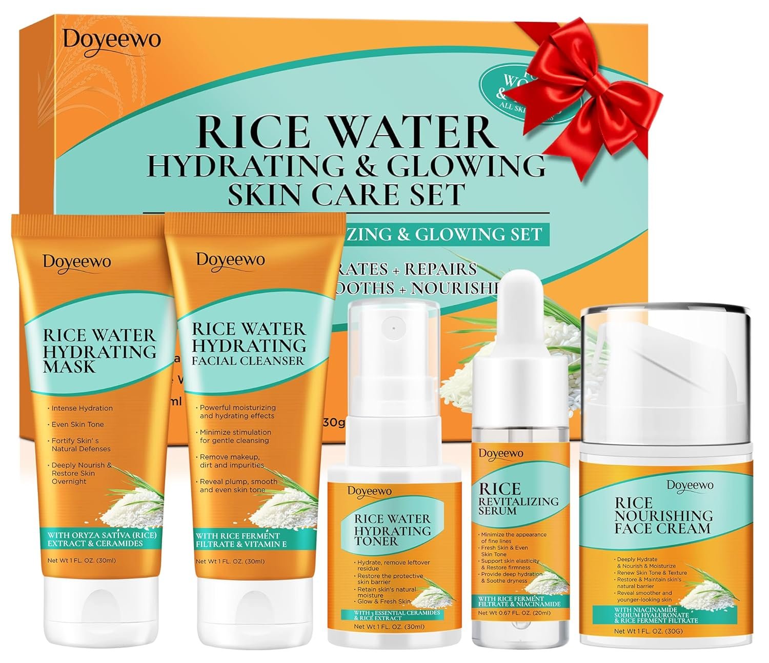 Skin Care Set,5Pcs Women Teen Glass Skincare w/Korean Rice Extract,Hydrate Glow Repair Anti-Aging Facial Routine Mini Kit Self Care Gifts for Women Mom Wife Teens Teenage Girl Airplane-Friendly Sizes