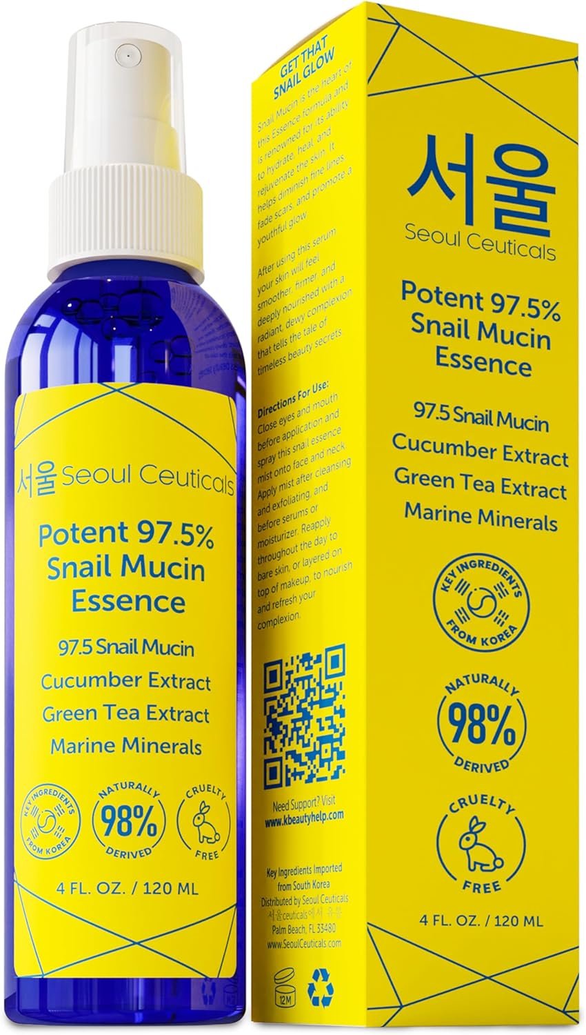 SeoulCeuticals Korean Face Mist 97.5% Snail Mucin Essence – K Beauty Skincare Facial Spray – Cucumber Extract + Marine Minerals + Green Tea + Aloe 4oz