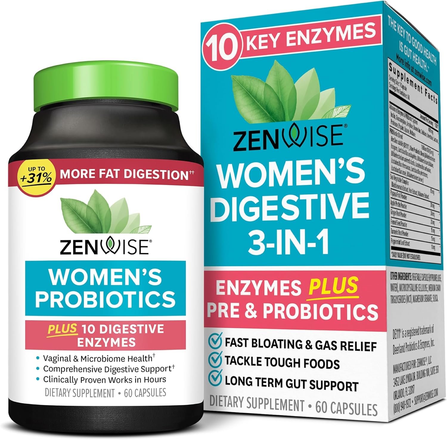 Zenwise Health 3-in-1 Womens Probiotic Supplement for Digestive, Gut Flora & Vaginal Health – Daily Probiotics & Prebiotics for Women with Digestive Enzymes Supports Bloating & Gas Relief – 60 Count
