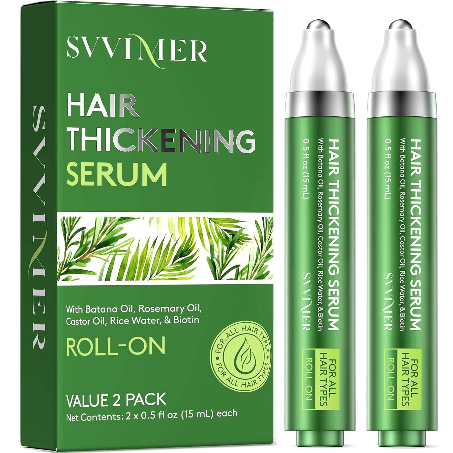 Svvimer Hair Growth Serum Roll On – with Rosemary Batana Oil Biotin Thickening Scalp Serum for Thinning Hair and Loss – for Women and Men 2 PCS 15ml/each