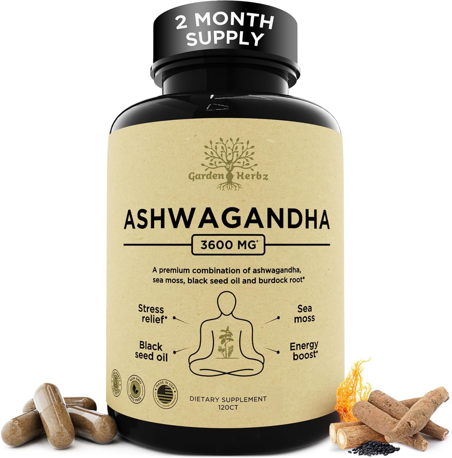 Organic Ashwagandha Root & Irish Sea Moss Capsules 3,600 mg with Black Seed Oil & Burdock Root – Stress, Mood, Energy & Sleep Support Supplement for Women and Men – Vegan, Non-GMO, 120 Capsules