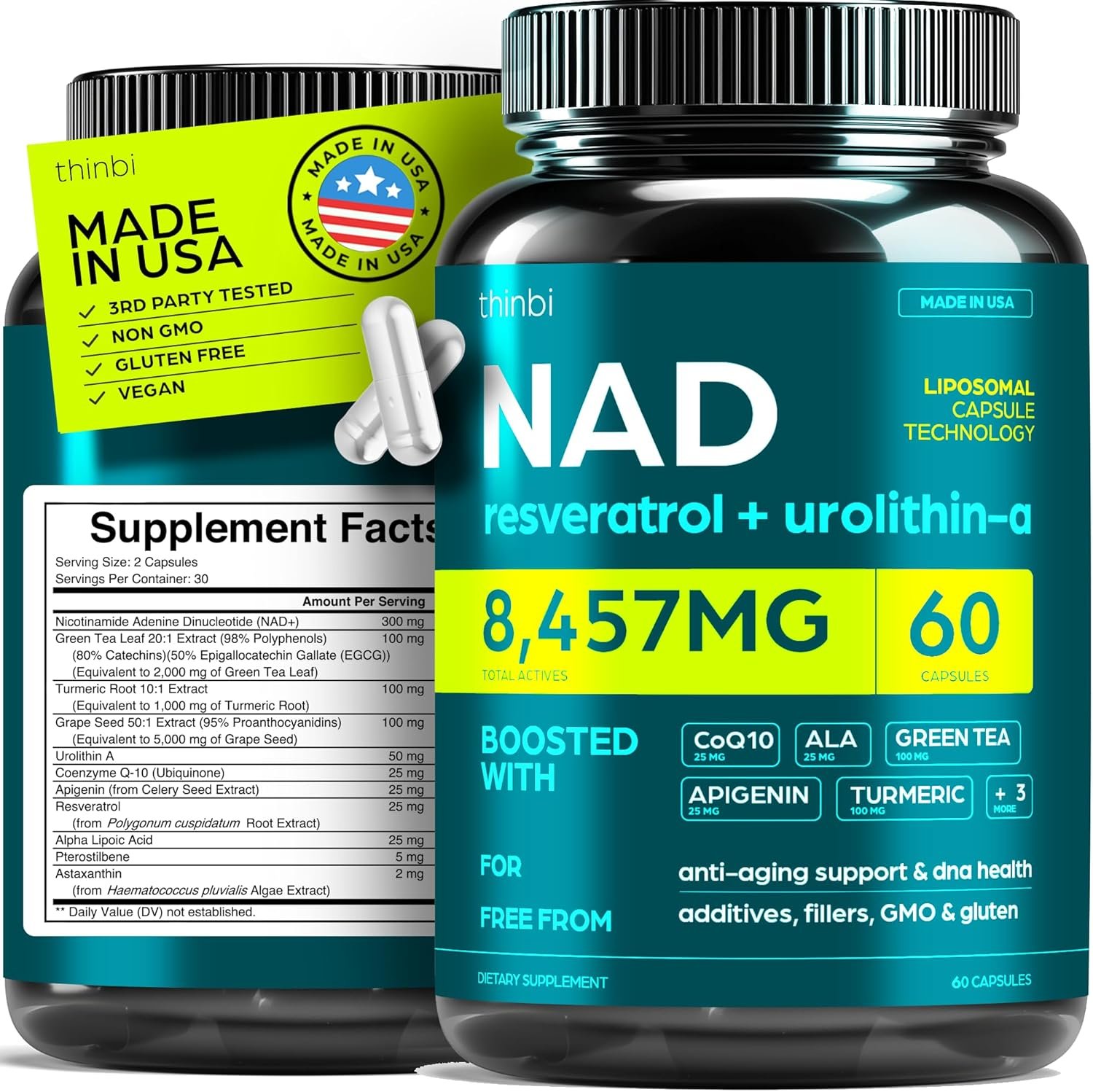 NAD Supplement Mg 8457Extra Strength NMN Alternative Liposomal + Green Tea for Women & Men w/Urolithin A, Resveratrol, CoQ10, Alpha Lipoic Acid
