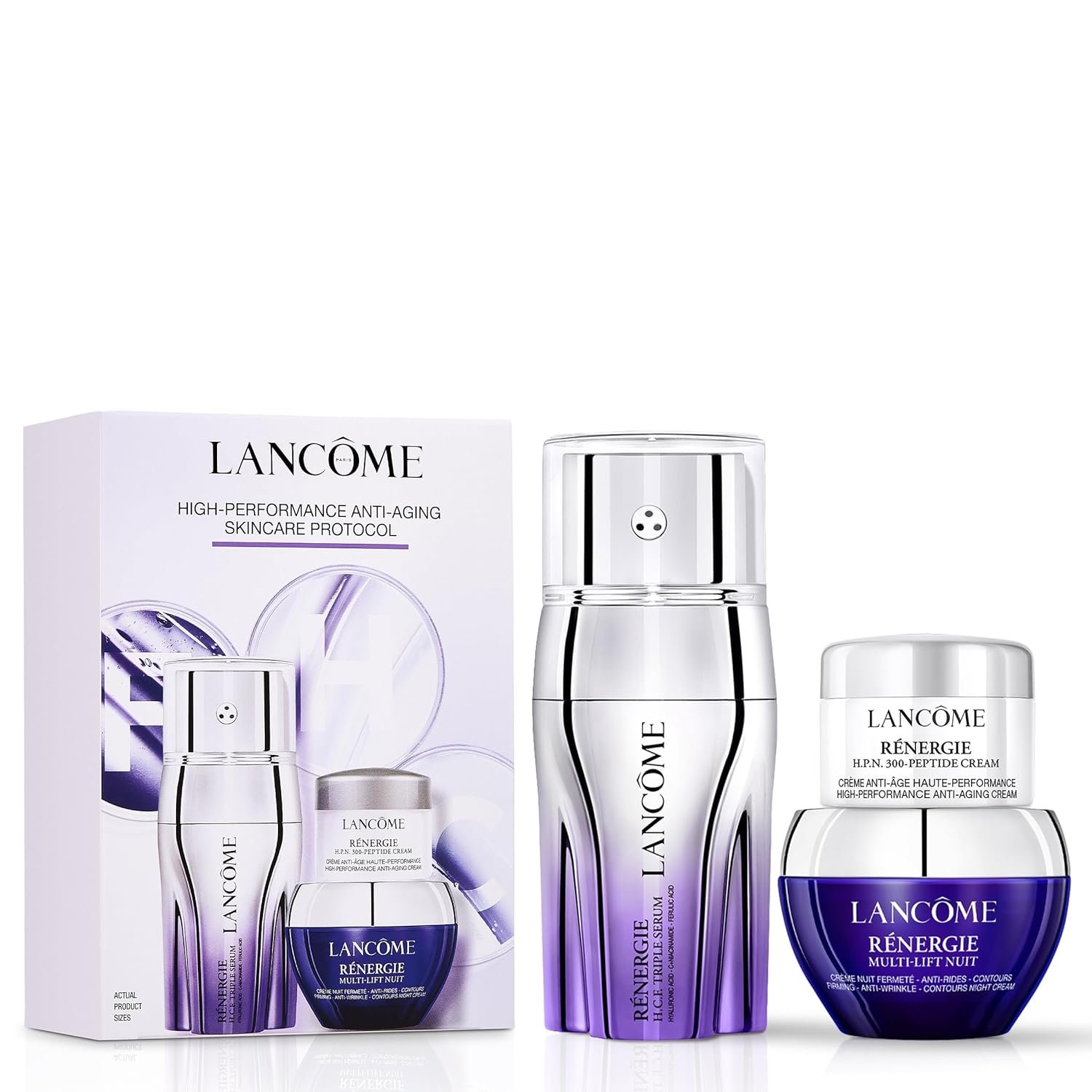 Lancôme Rénergie Discovery Gift Set – Limited Edition – Full-Size H.C.F. Triple Serum 0.7 fl oz, H.P.N. 300-Peptide Cream 0.17 fl. oz, Night Cream 0.5 fl oz – Hyaluronic Acid, Vitamin C, Ferulic Acid