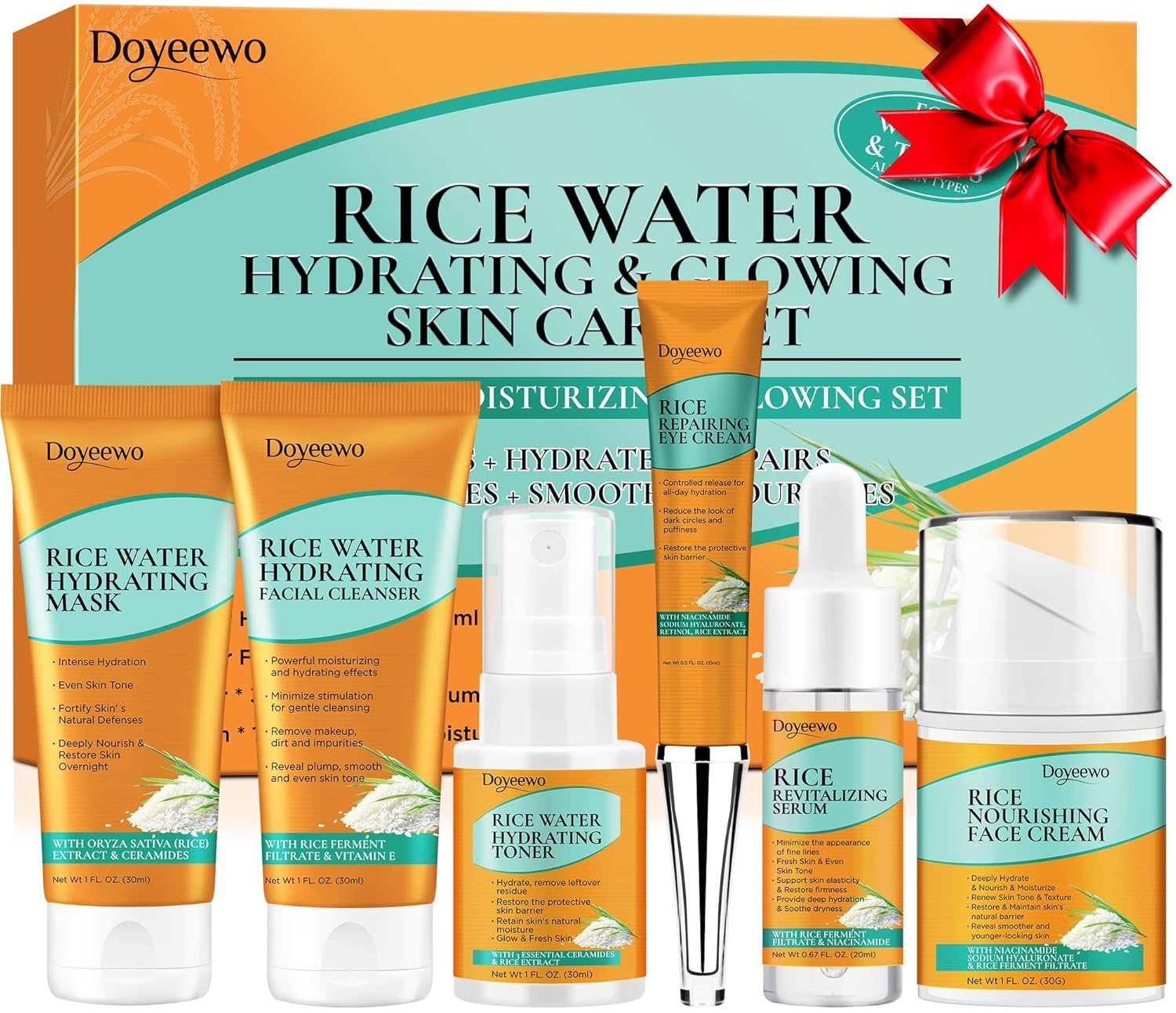 Skin Care Set,6Pcs Women Teen Glass Skincare w/Korean Rice Extract,Hydrate Glow Repair Anti-Aging Facial Routine Kit Self Care Gifts for Women Mom Wife Teenage Girl Her Valentines Day Christmas Gifts