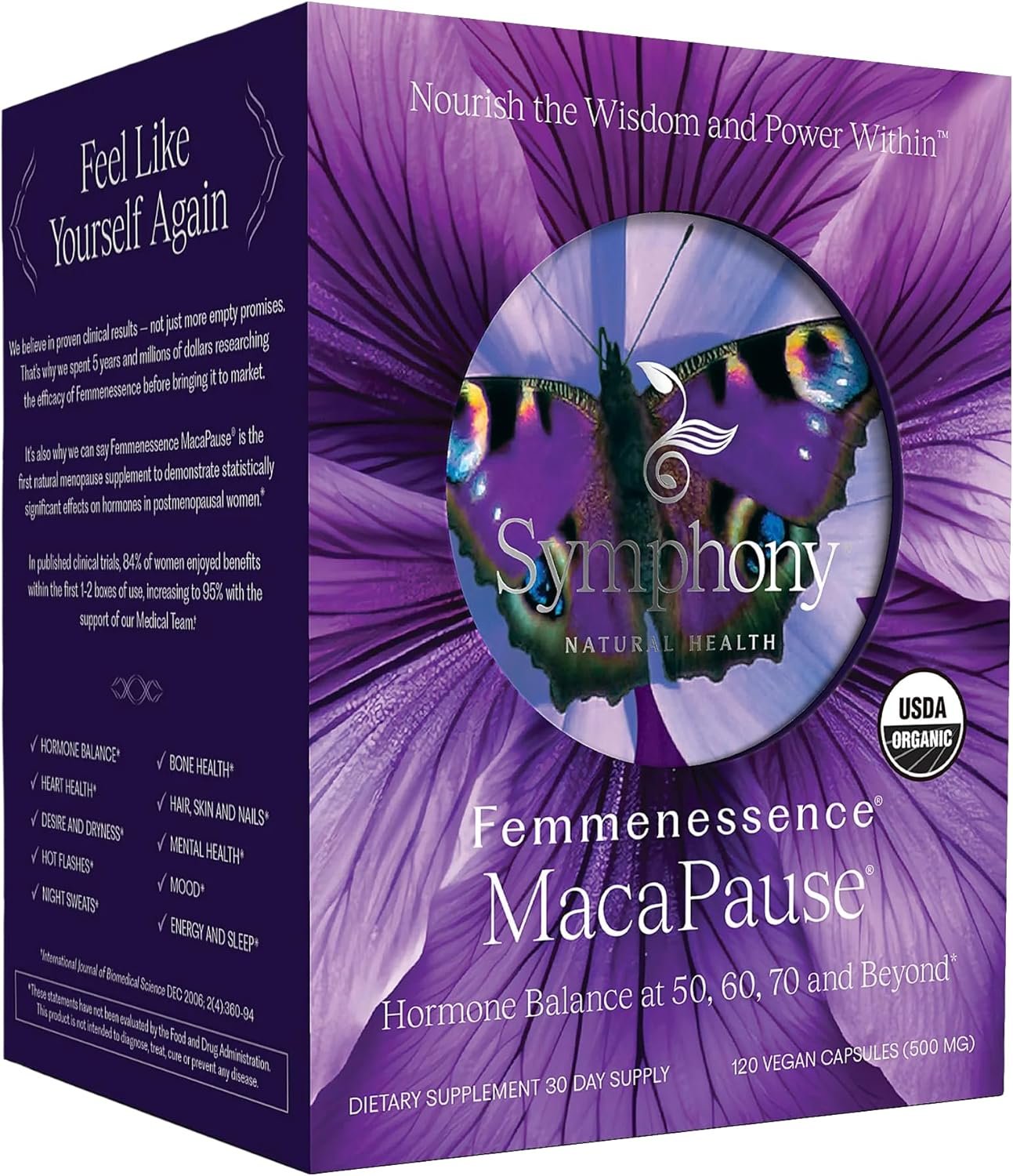 Femmenessence® MacaPause® – Clinically Proven Postmenopausal Organic Vegan Supplement for Natural Hormone Balance, Menopause Symptom Relief, Bone & Heart Health (120 Capsules, 30 Day Supply)