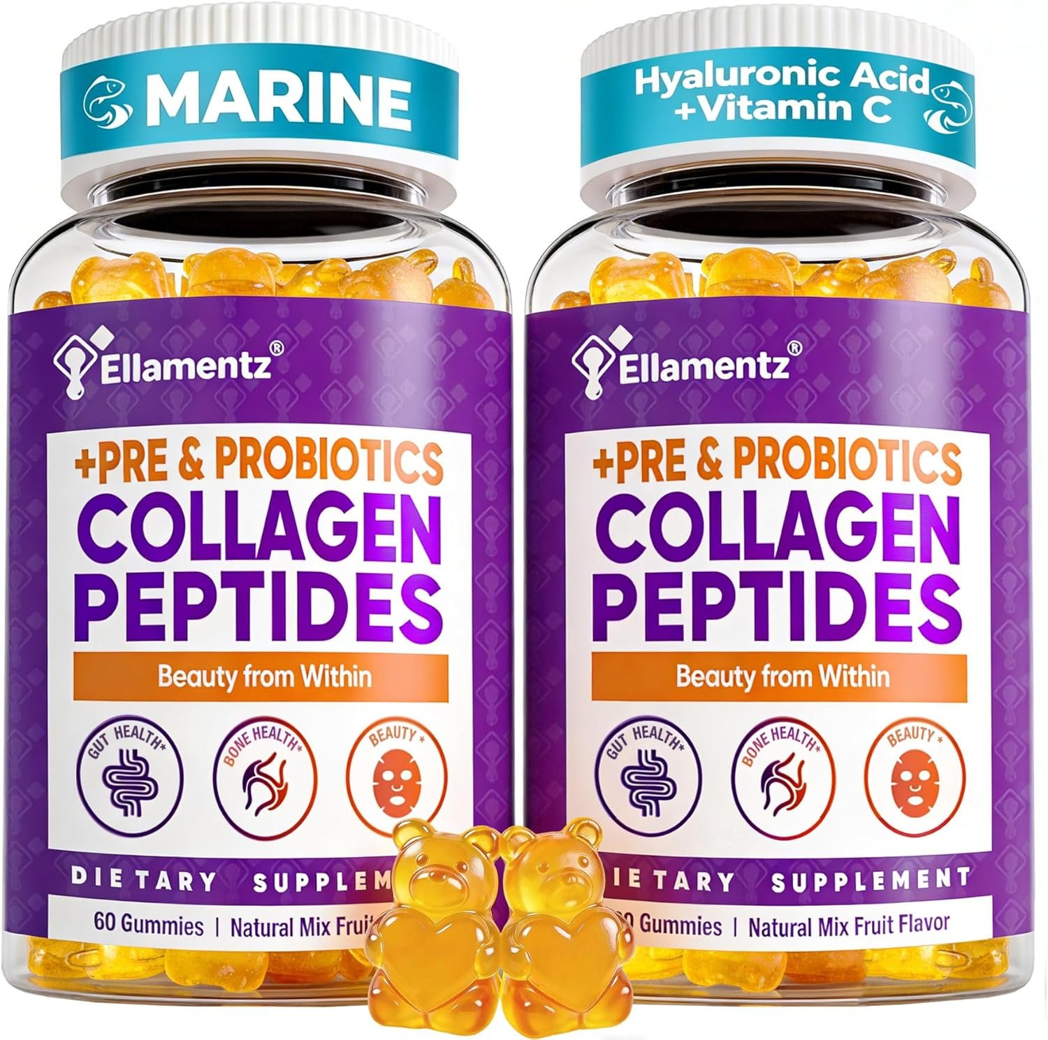 Marine Collagen Gummies for Women – Sustainably Sourced Hydrolyzed Collagen Peptides, Probiotics,Hyaluronic Acid, Vitamin C Supplement for Hair Skin Nail | Pescatarian-Friendly | Sugar Free | 2 Pack